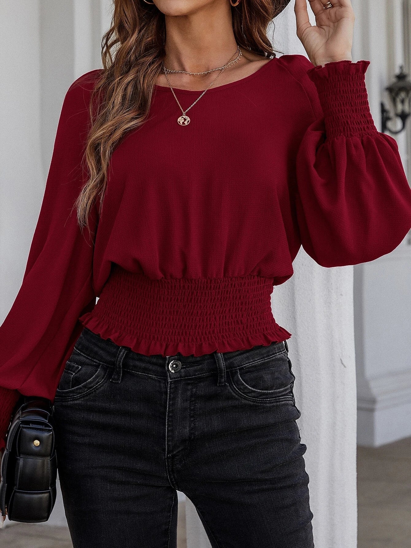 Buy SHEIN Clasi Solid Bishop Sleeve Shirred Blouse in Pakistan