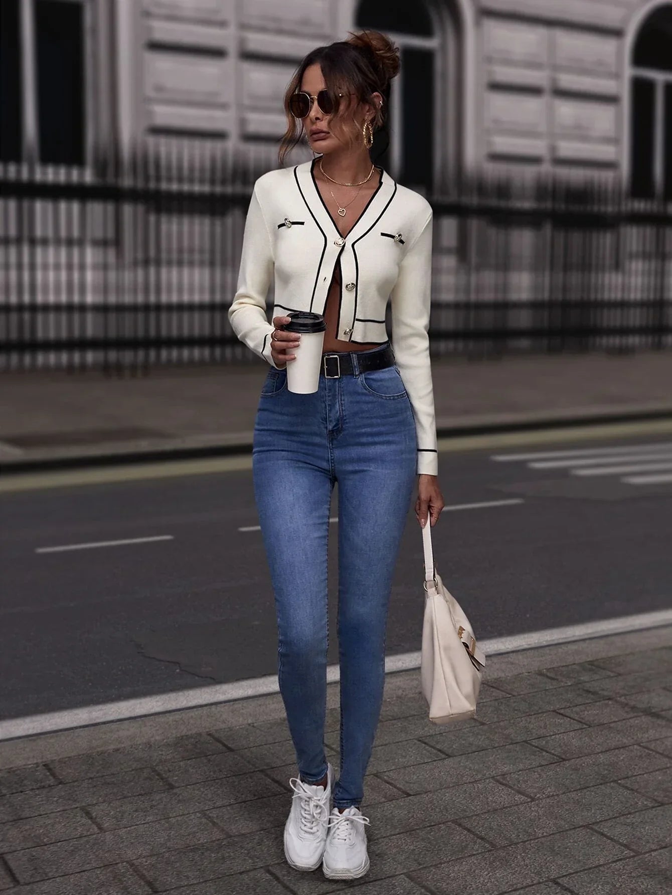 Buy SHEIN Clasi White Cardigan Contrast Binding Button Front Cardigan in Pakistan