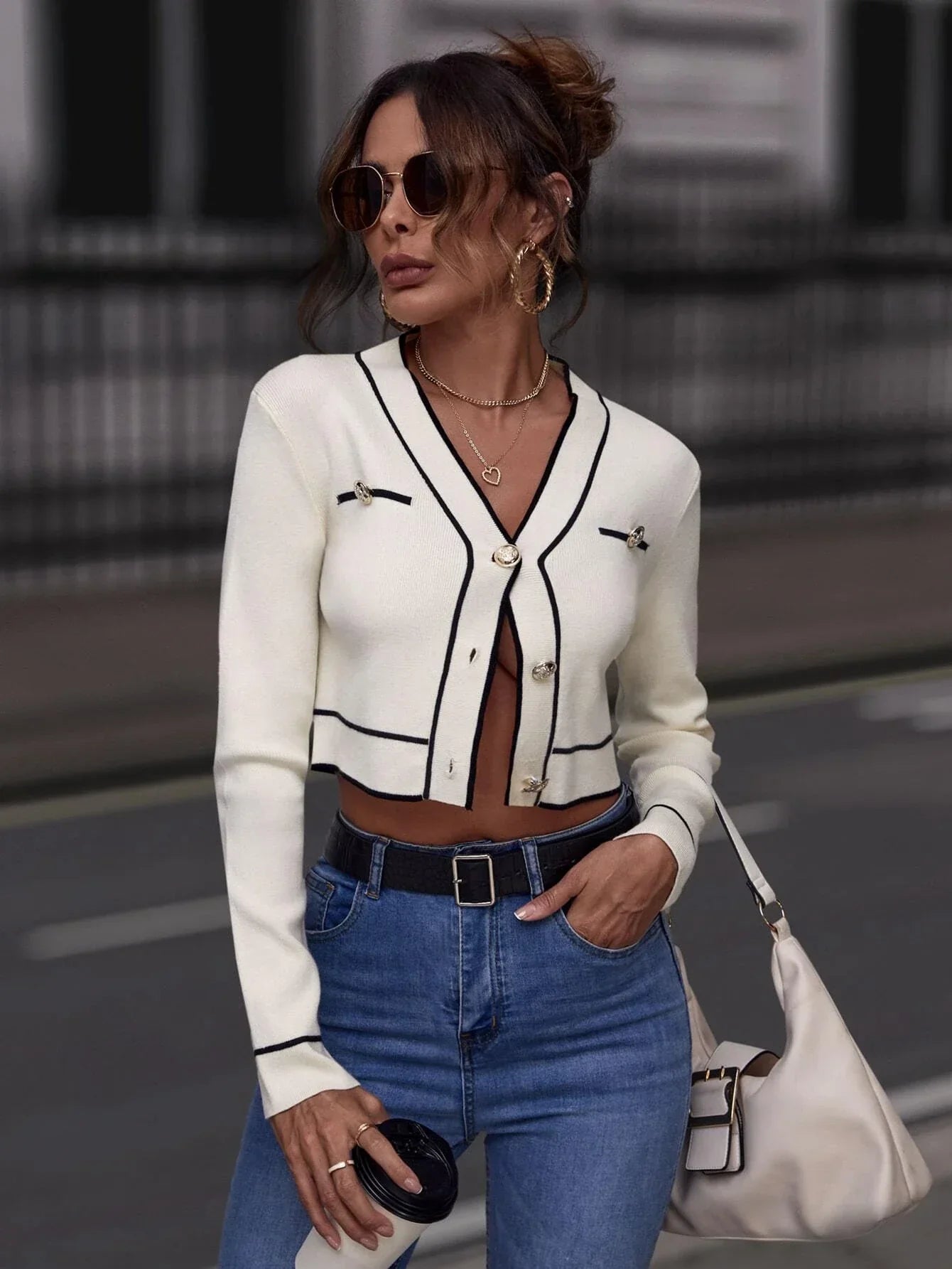 Buy SHEIN Clasi White Cardigan Contrast Binding Button Front Cardigan in Pakistan