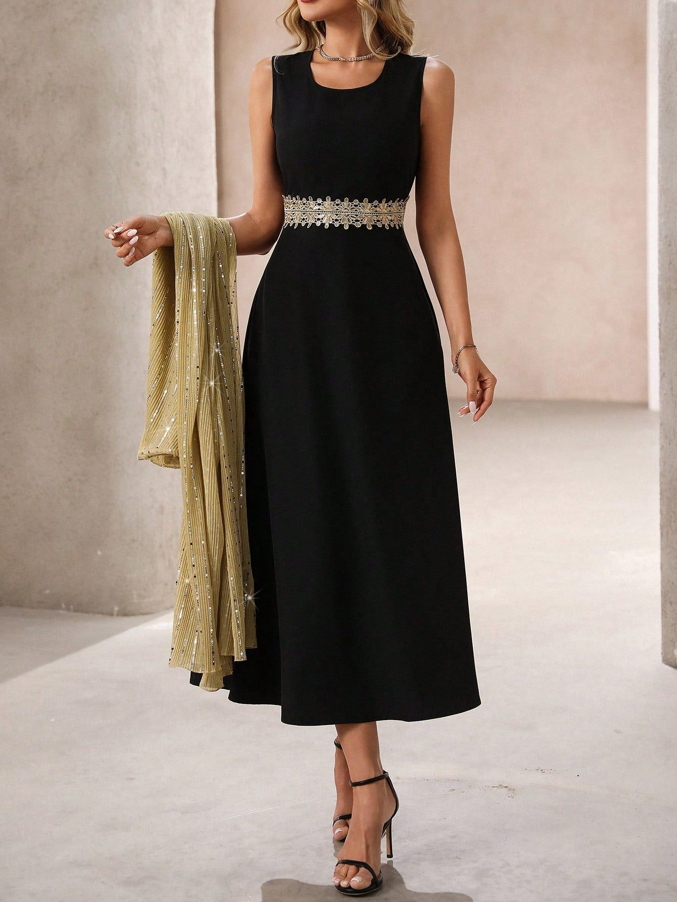 Buy SHEIN Clasi Women's Holiday Festival Long Dress With Ribbon & Pearl Embellishment, 2pcs Set in Pakistan