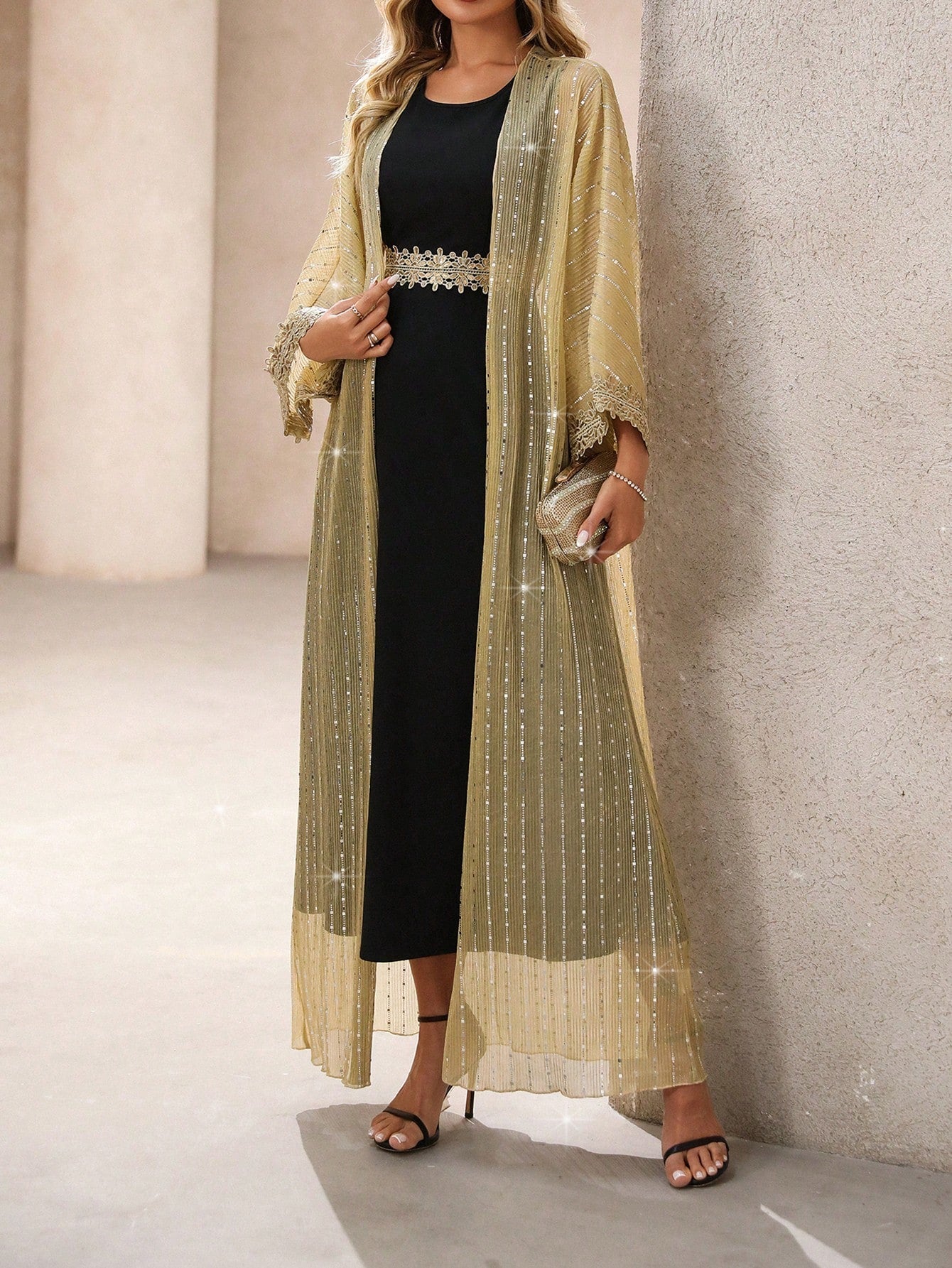 Buy SHEIN Clasi Women's Holiday Festival Long Dress With Ribbon & Pearl Embellishment, 2pcs Set in Pakistan