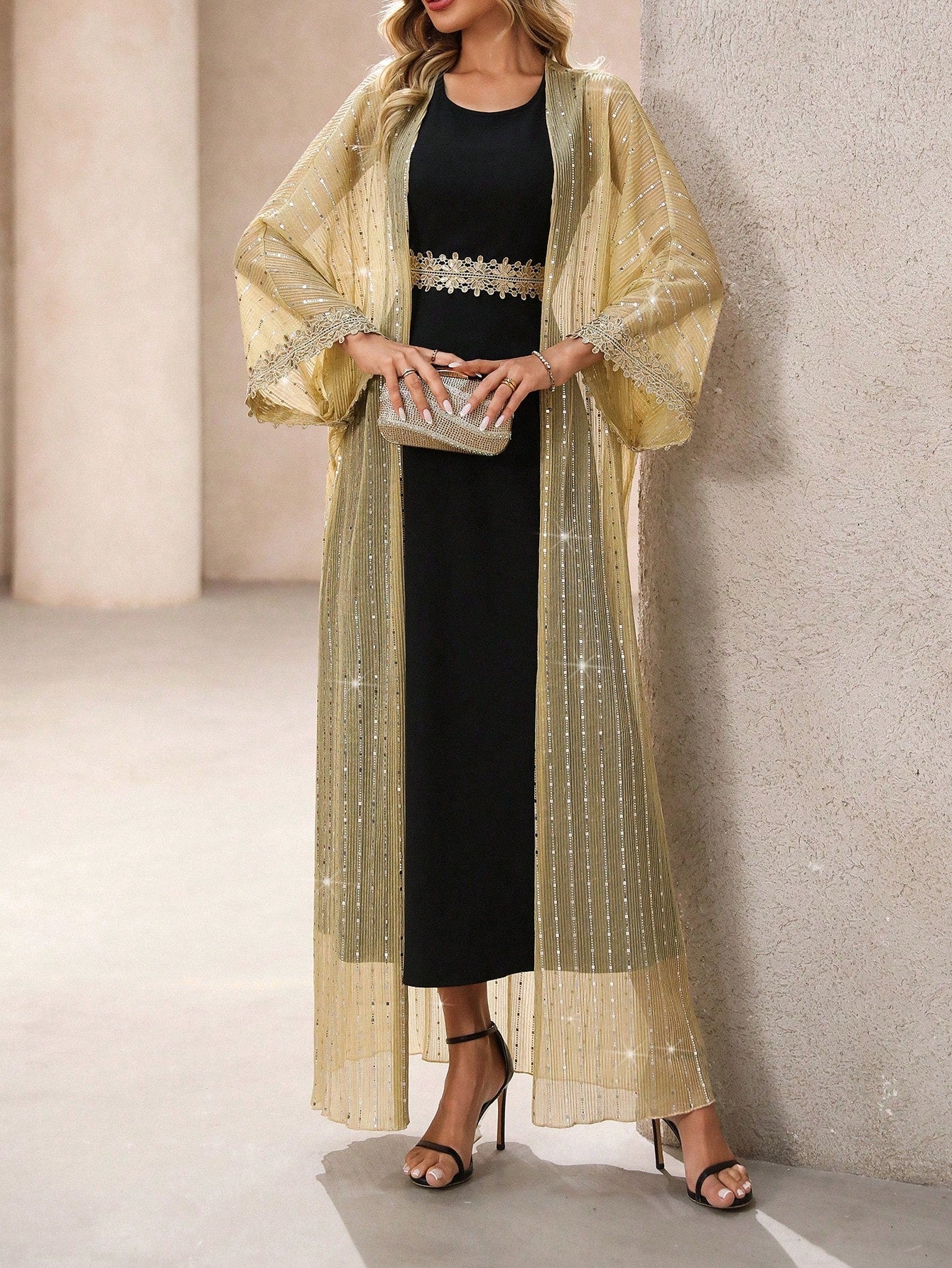 Buy SHEIN Clasi Women's Holiday Festival Long Dress With Ribbon & Pearl Embellishment, 2pcs Set in Pakistan