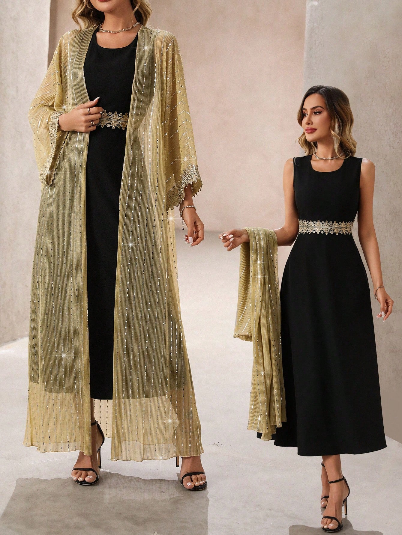 Buy SHEIN Clasi Women's Holiday Festival Long Dress With Ribbon & Pearl Embellishment, 2pcs Set in Pakistan