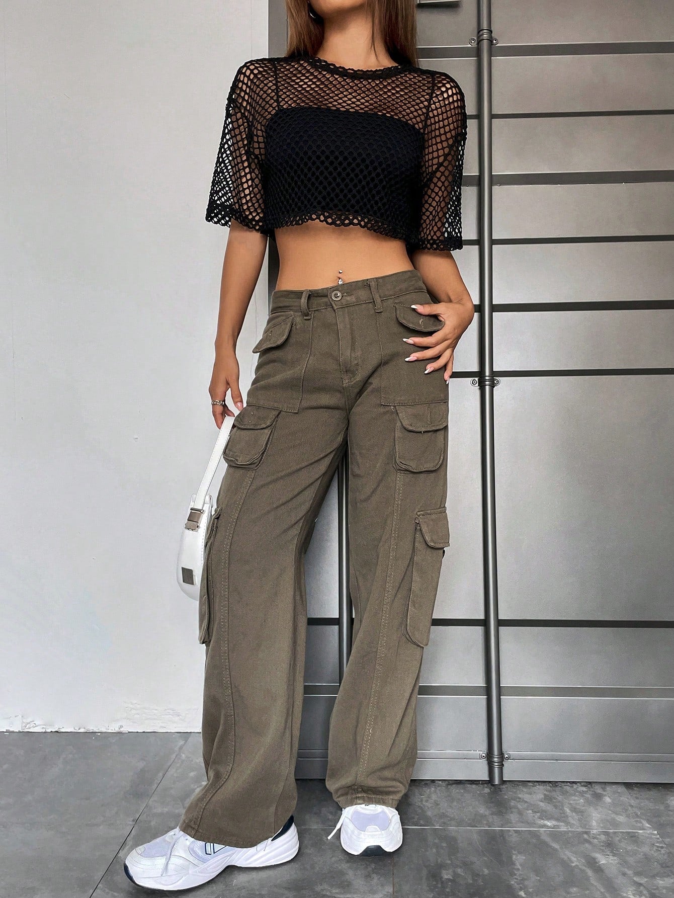 Buy SHEIN Coolane Hollow Out Drop Shoulder Crop Mesh Top Without Cami Top in Pakistan