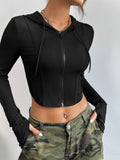 Buy SHEIN Coolane Ribbed Knit Zip Up Drawstring Hooded Crop Jacket in Pakistan