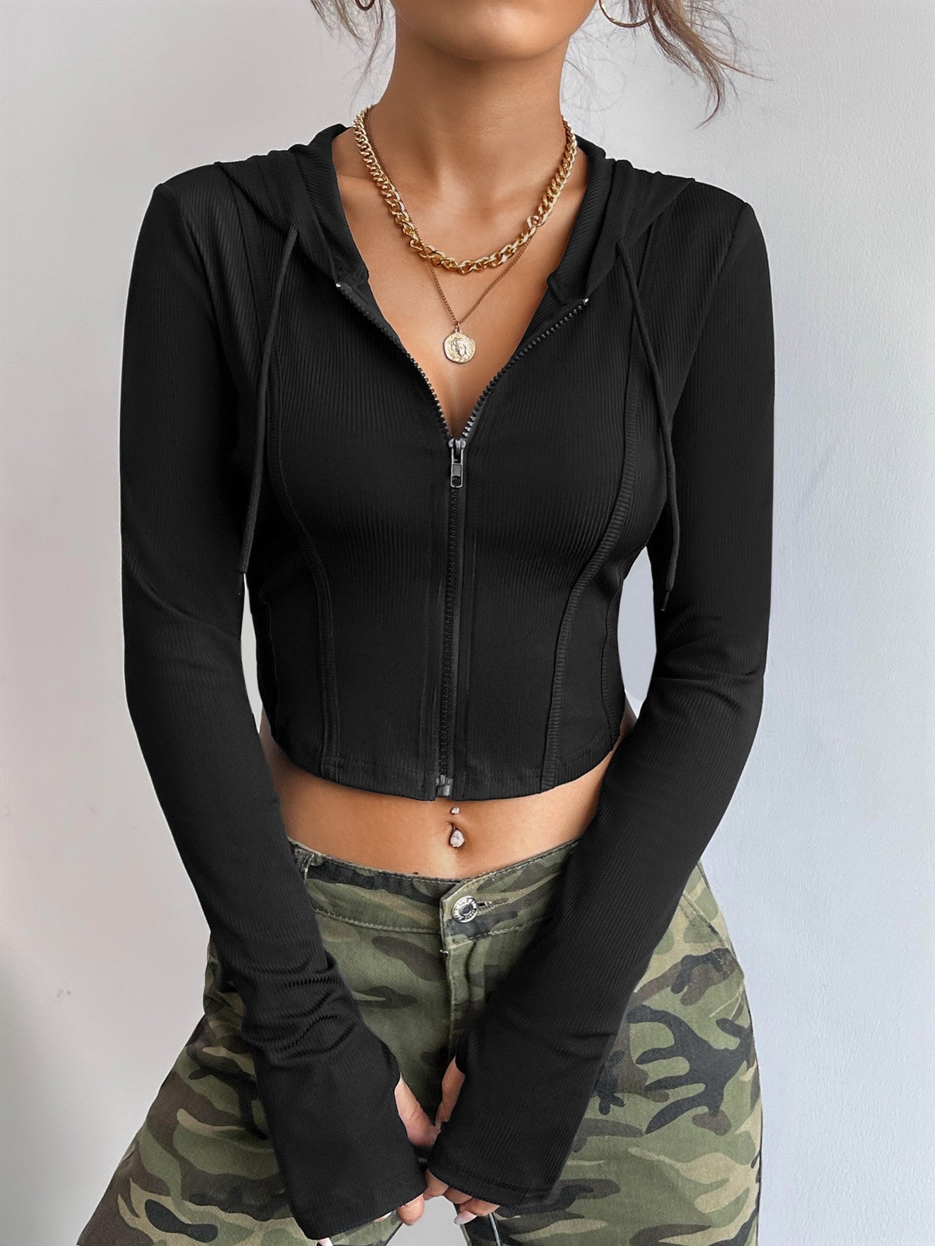 Buy SHEIN Coolane Ribbed Knit Zip Up Drawstring Hooded Crop Jacket in Pakistan