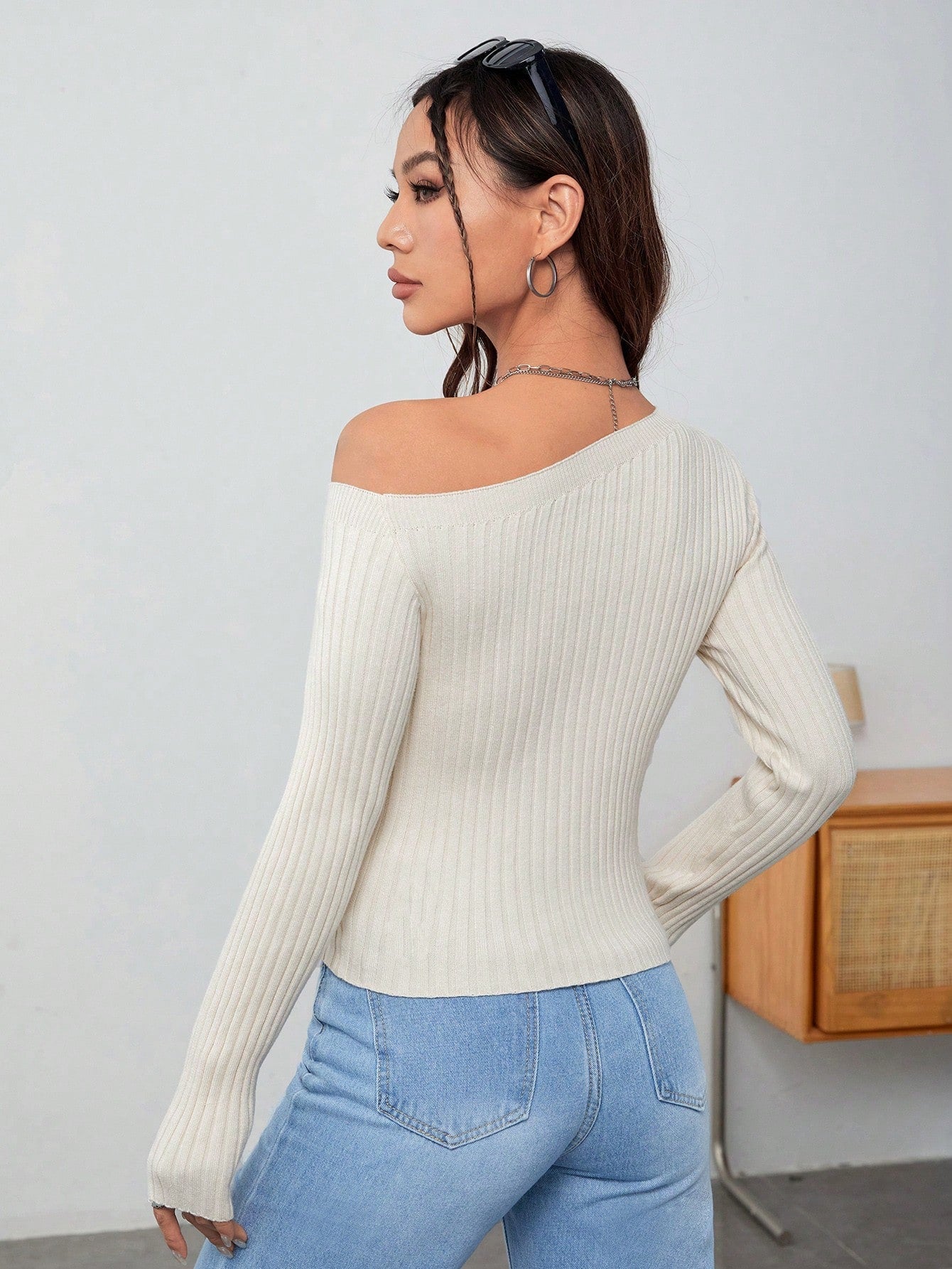 Buy SHEIN EZwear Asymmetrical Neck Ribbed Knit Sweater in Pakistan