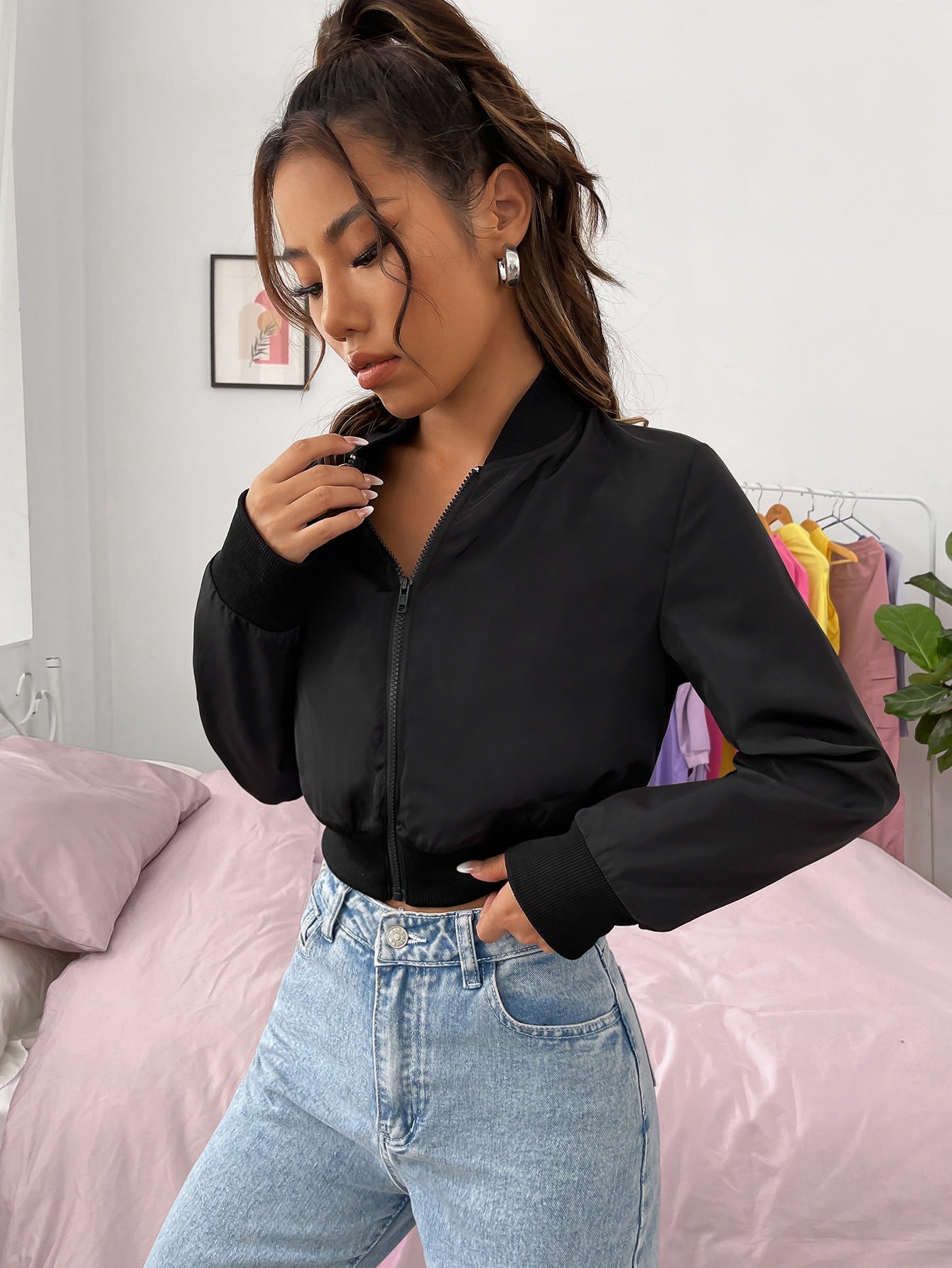 Buy SHEIN EZwear Baseball Collar Zip Up Crop Bomber Jacket in Pakistan