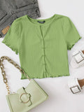 Buy SHEIN EZwear Button Front Lettuce Trim Rib-knit Tee in Pakistan