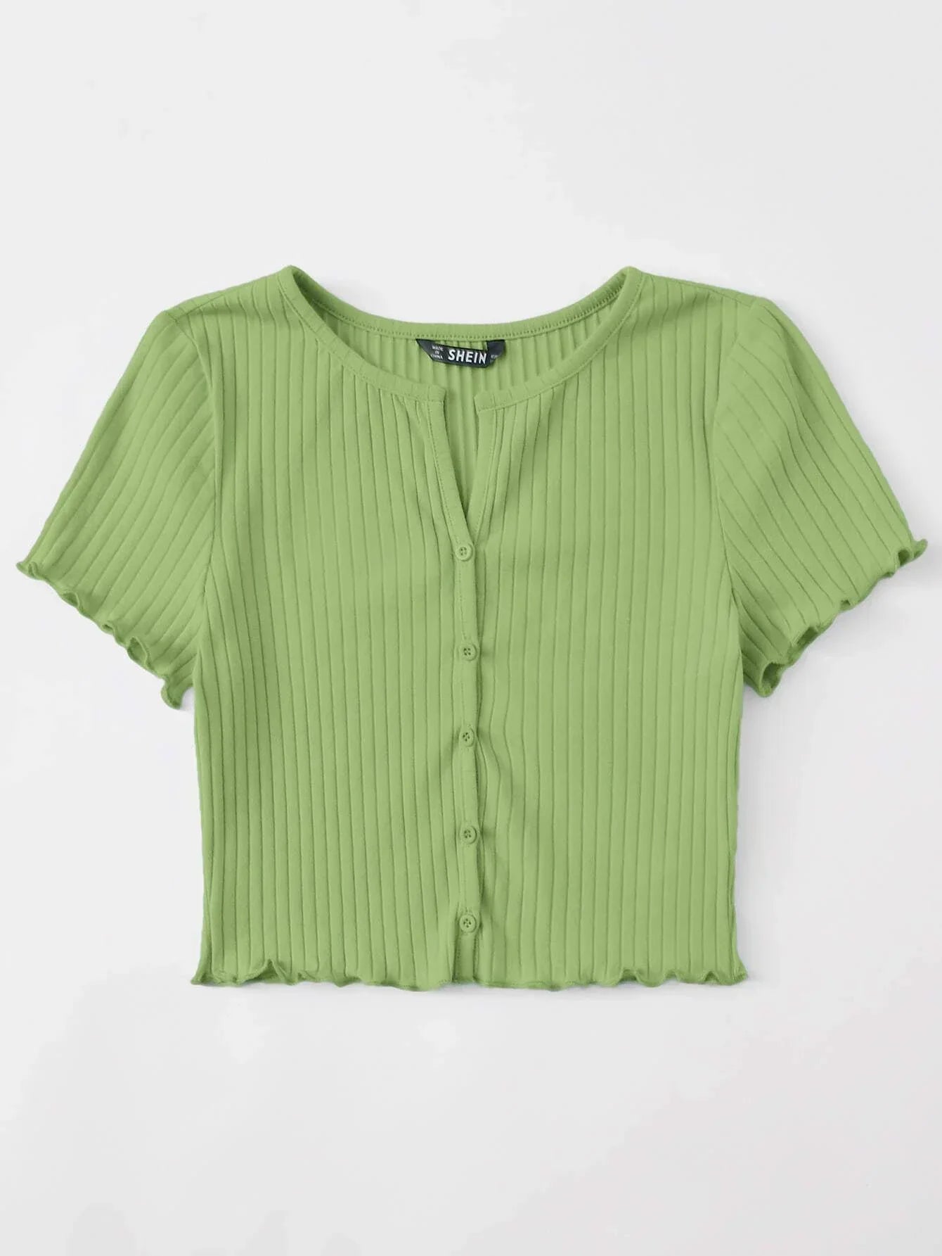 Buy SHEIN EZwear Button Front Lettuce Trim Rib-knit Tee in Pakistan