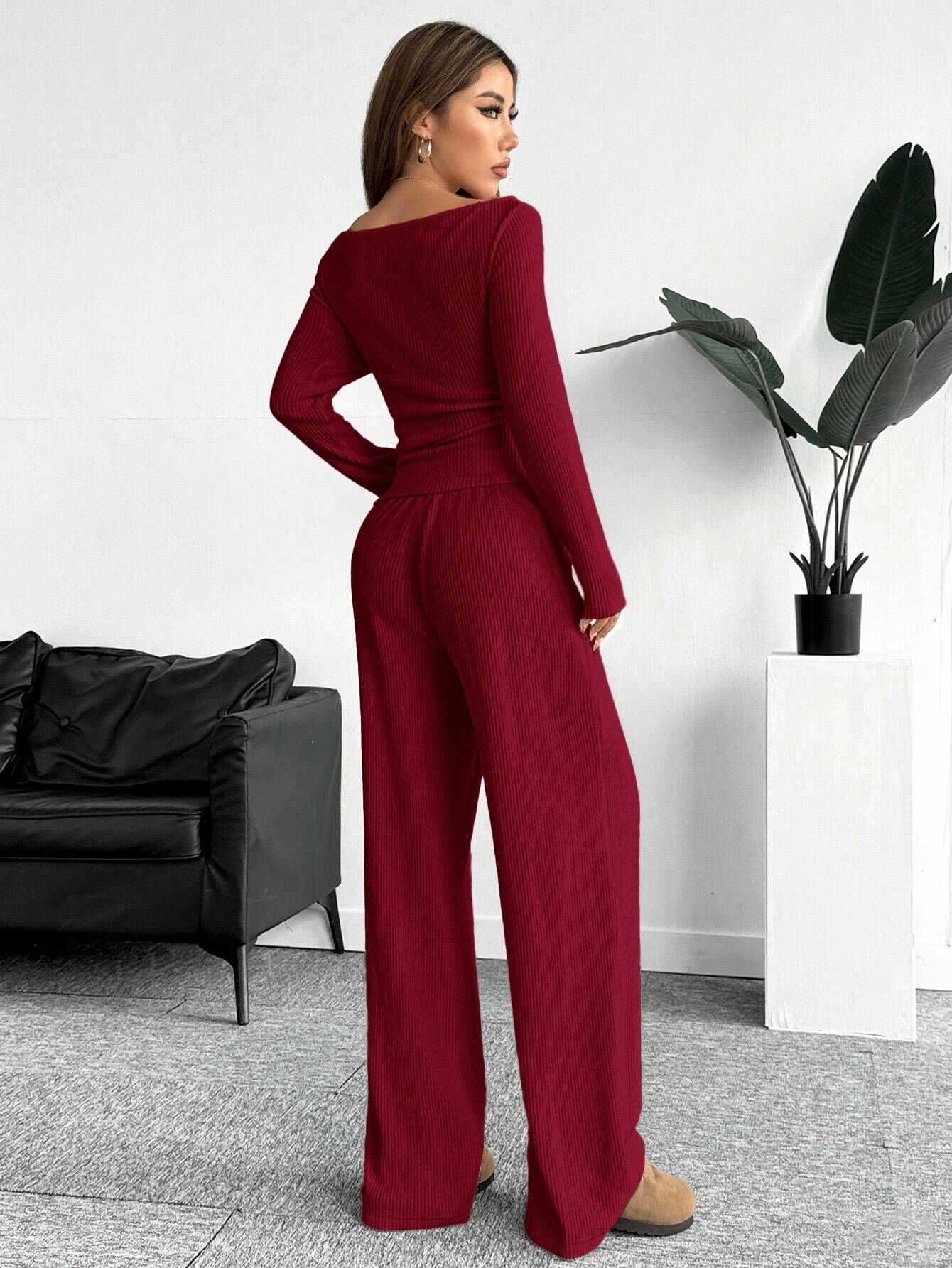 Buy SHEIN EZwear Red Knitted Women Bodysuit Set in Pakistan