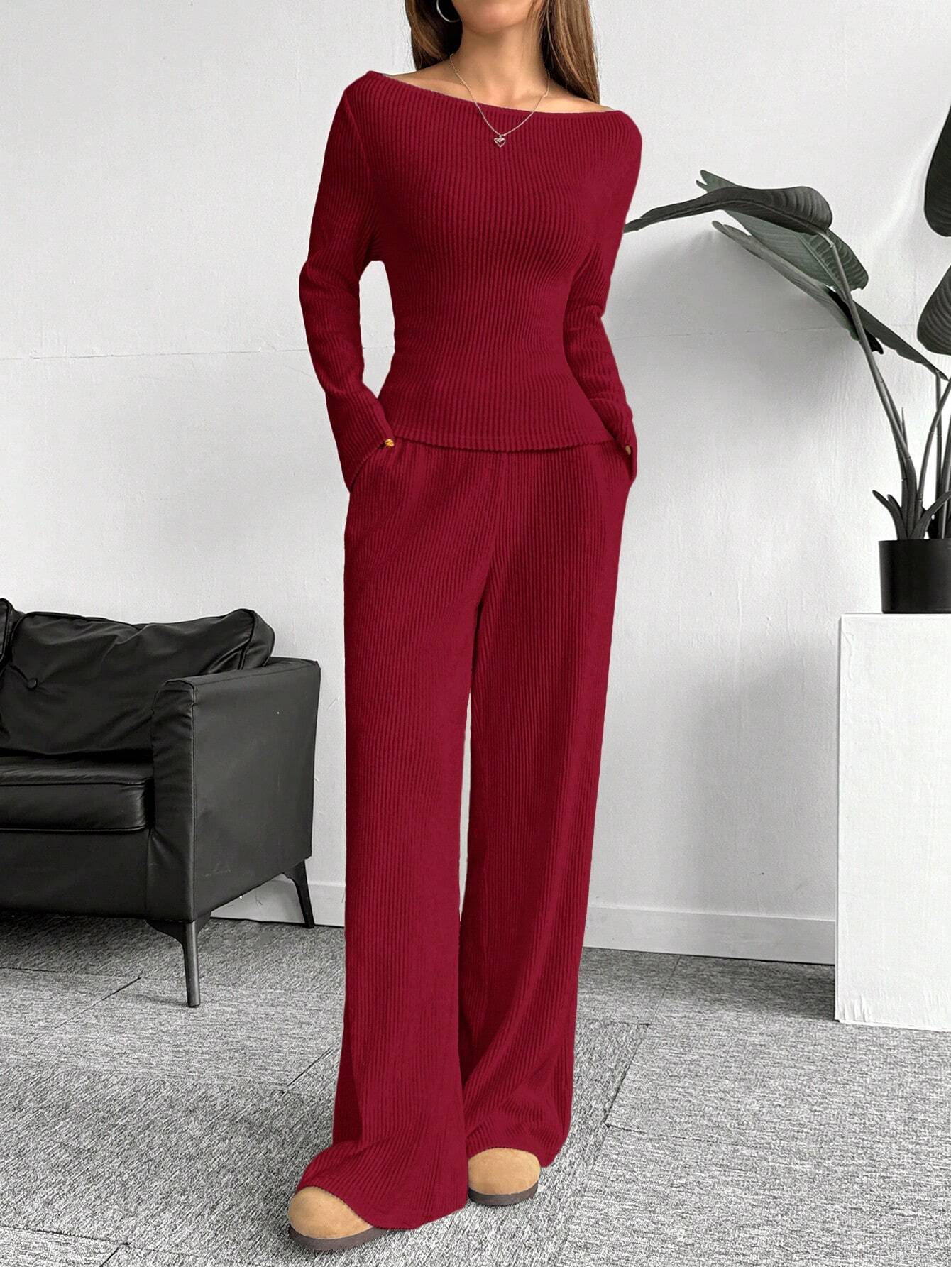Buy SHEIN EZwear Red Knitted Women Bodysuit Set in Pakistan