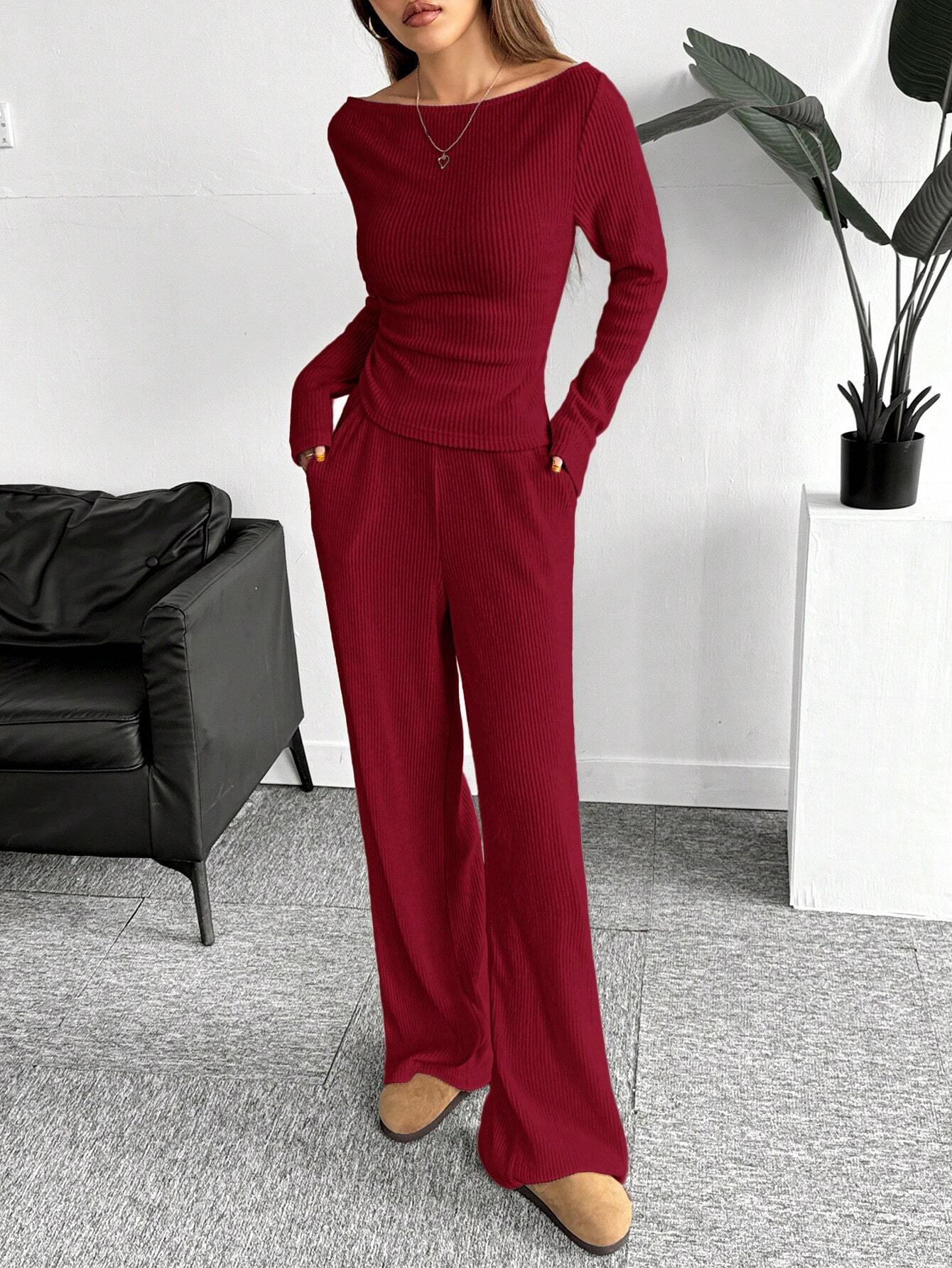 Buy SHEIN EZwear Red Knitted Women Bodysuit Set in Pakistan