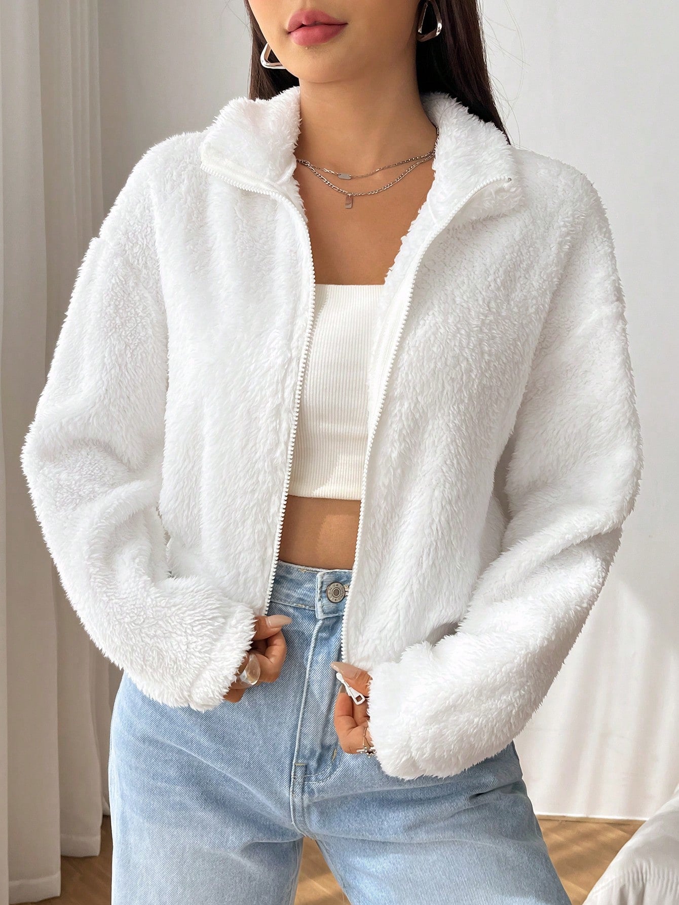 Buy SHEIN EZwear Drop Shoulder Zip Up Drop Shoulder Teddy Jacket in Pakistan