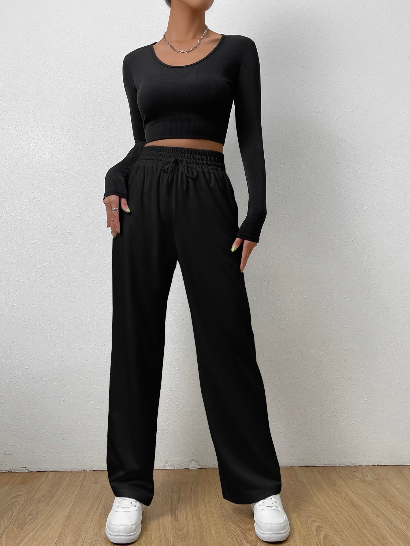 Buy SHEIN EZwear Elastic Waist Tie Front Straight Leg Pants in Pakistan