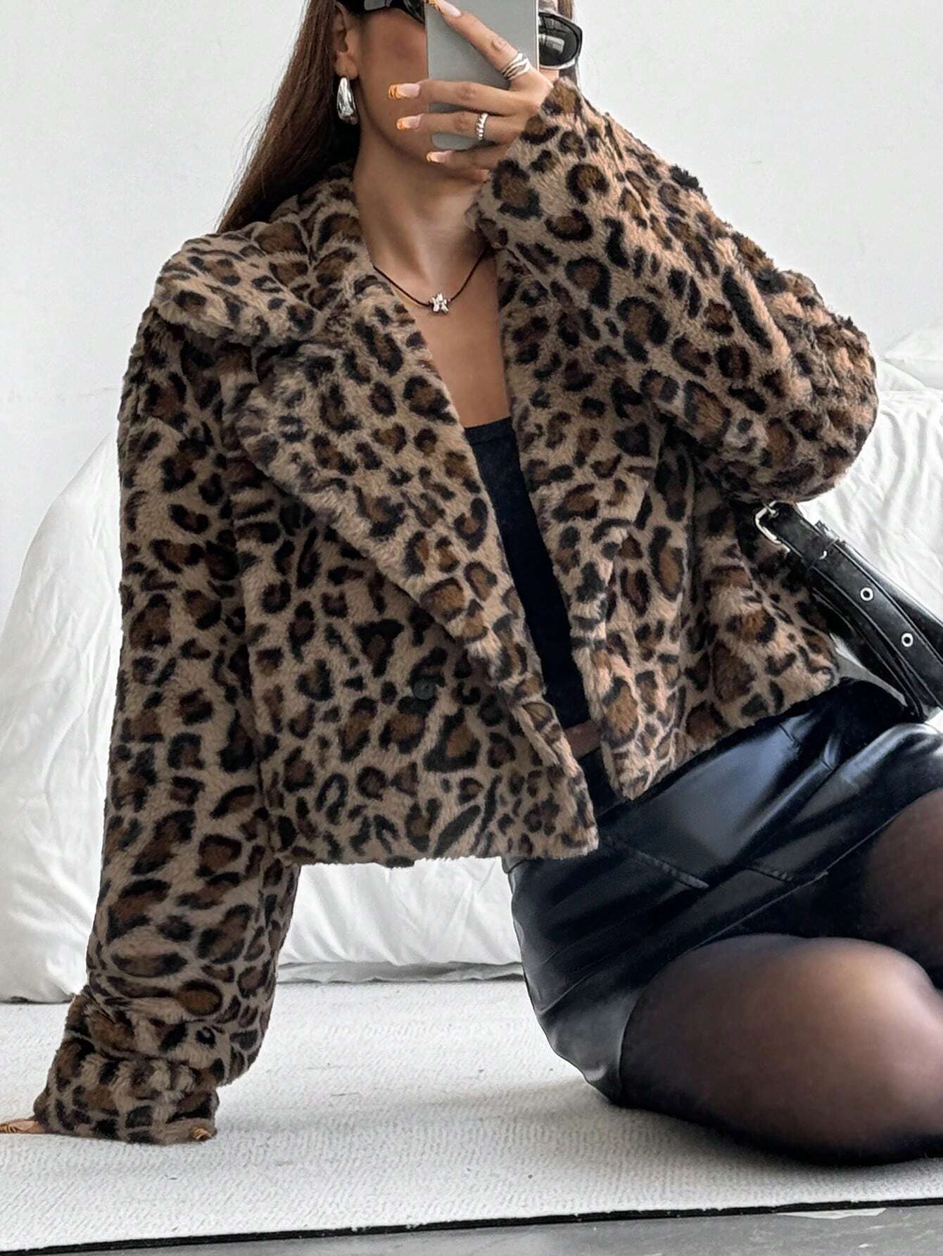 Buy SHEIN EZwear Fashionable Leopard Fluffy Cropped Regular Jacket, Autumn/Winter in Pakistan