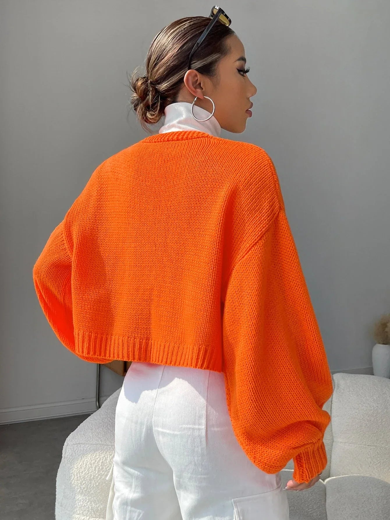 Buy SHEIN EZwear Floral Applique Bishop Sleeve Crochet Cardigan in Pakistan