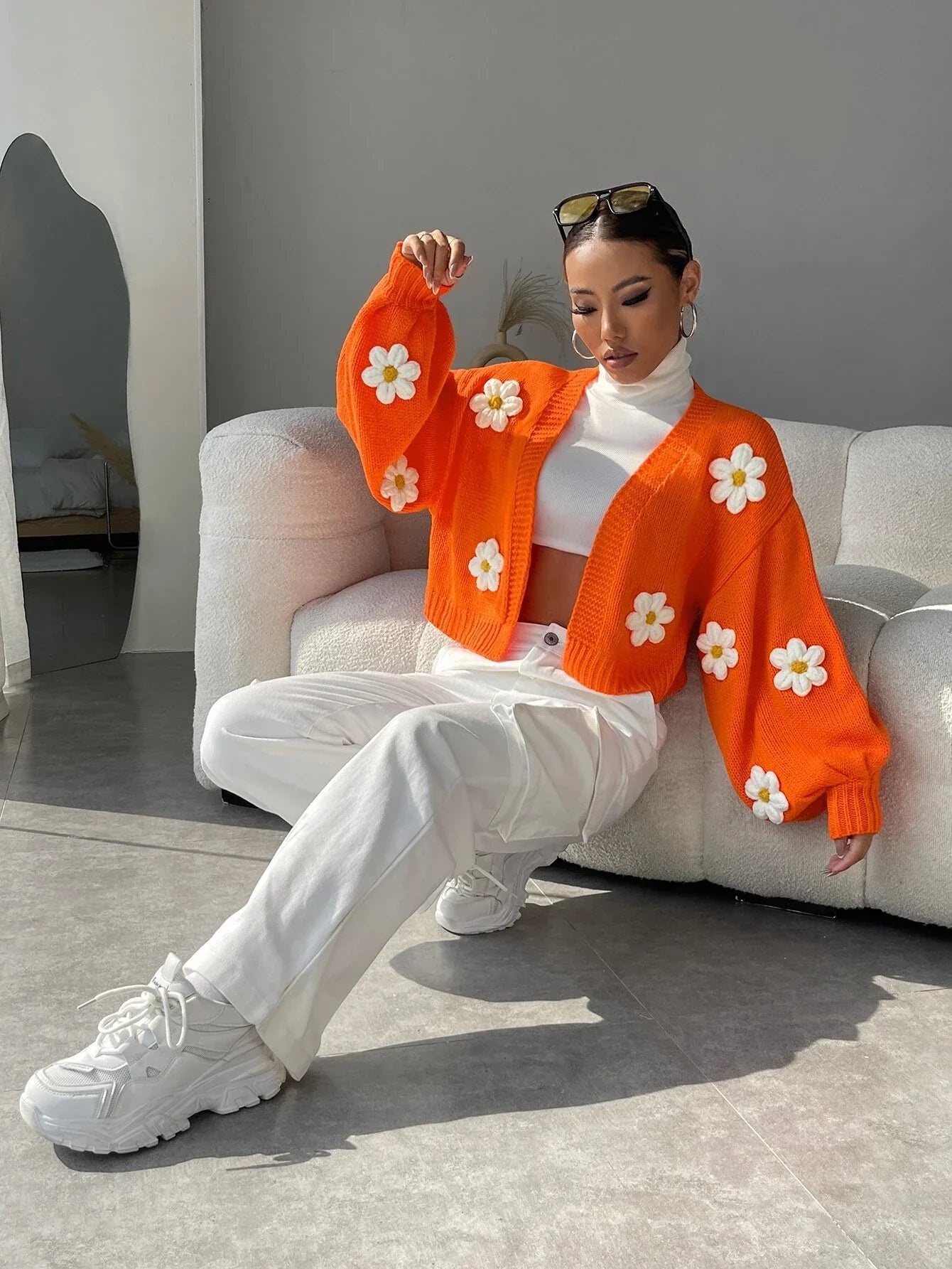 Buy SHEIN EZwear Floral Applique Bishop Sleeve Crochet Cardigan in Pakistan