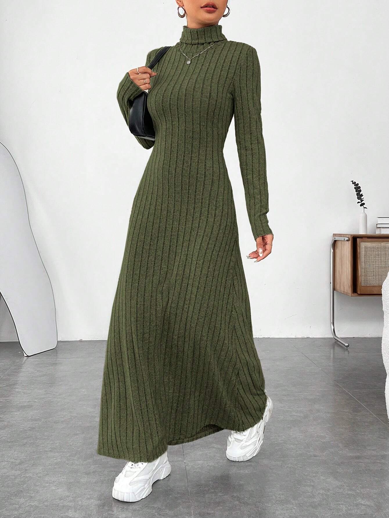 Buy SHEIN EZwear Green Turtleneck Solid Color Fleece Ribbed Dress in Pakistan
