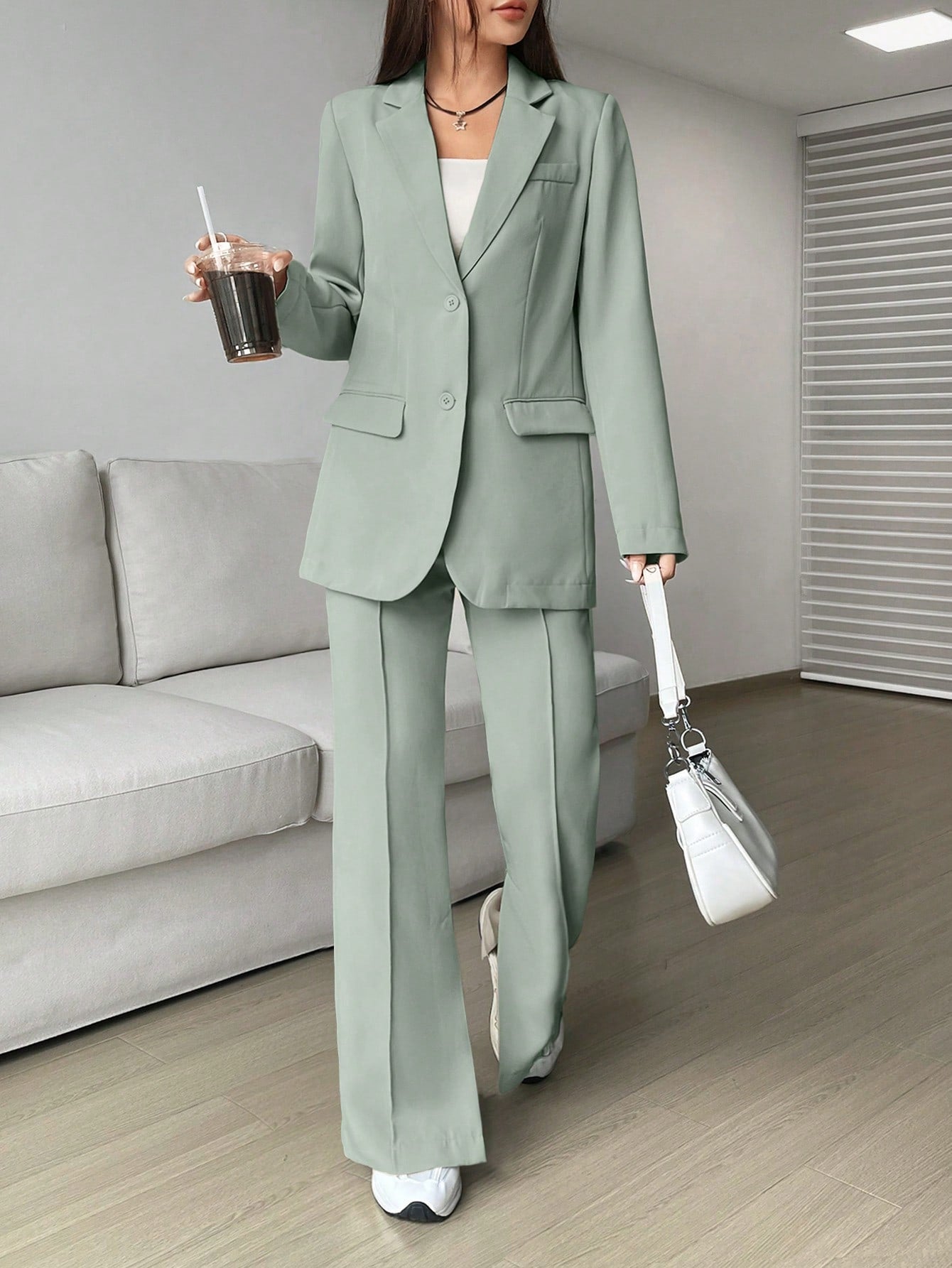 Buy SHEIN EZwear Ladies' Single-breasted Long Suit Jacket And Slit Suit Pants Set in Pakistan