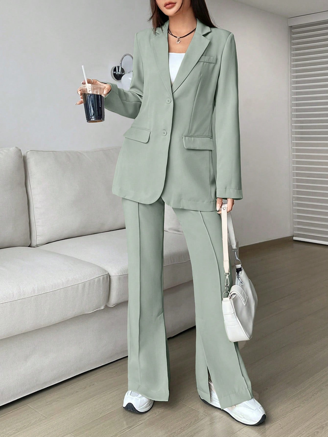 Buy SHEIN EZwear Ladies' Single-breasted Long Suit Jacket And Slit Suit Pants Set in Pakistan