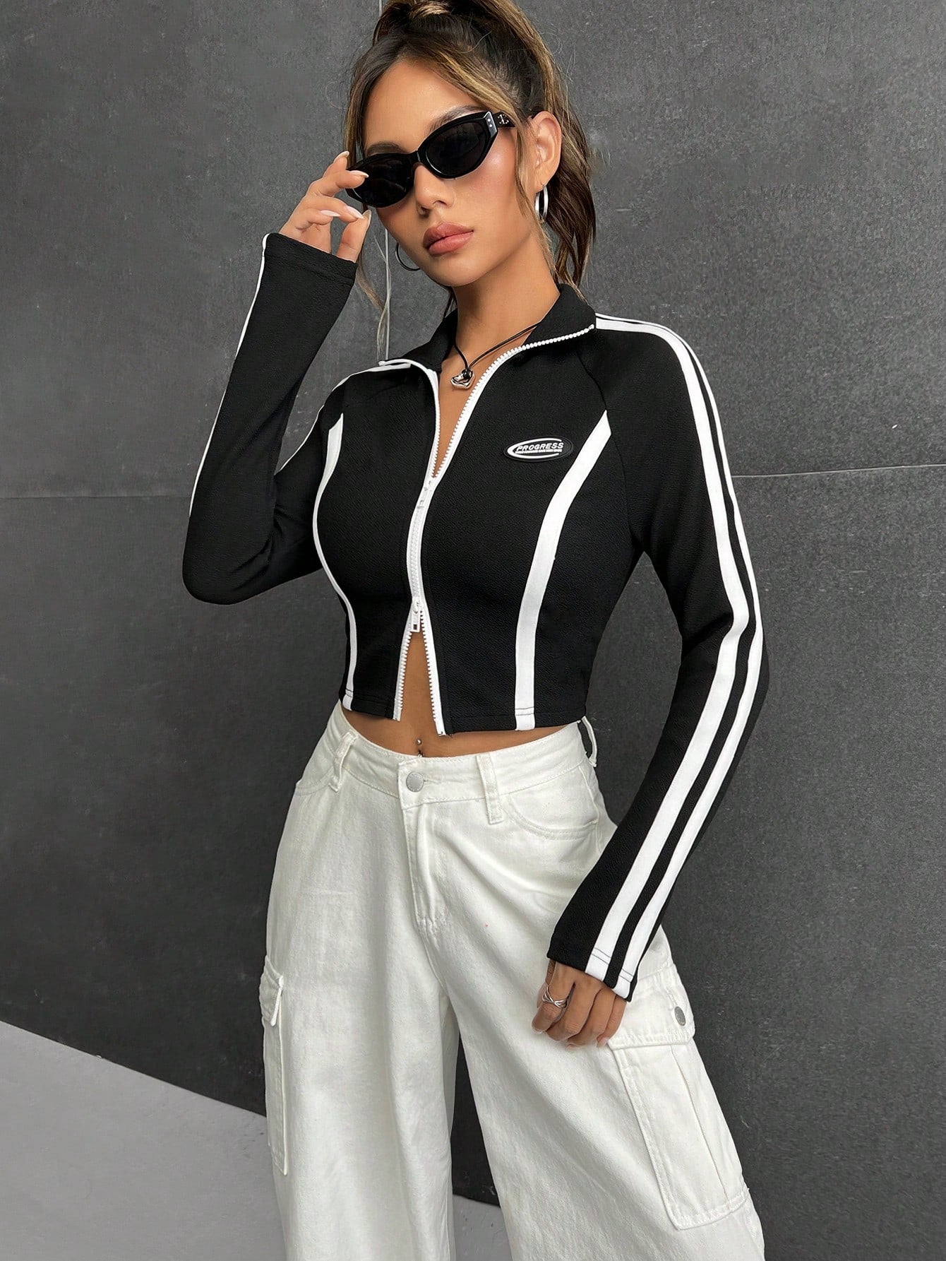 Buy SHEIN EZwear Letter Patched Detail Contrast Side Seam Raglan Sleeve Crop Jacket in Pakistan