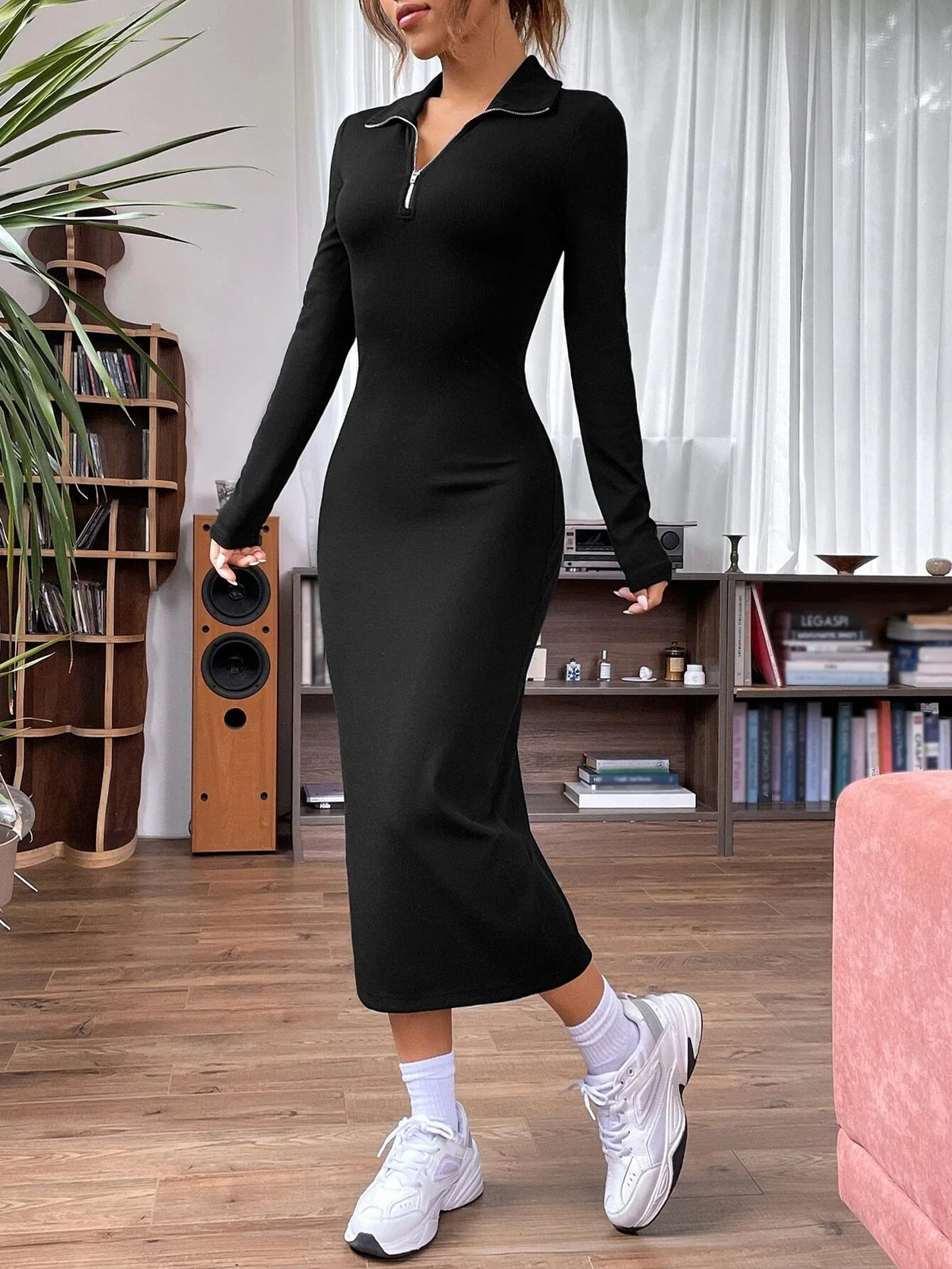Buy SHEIN EZwear Quarter Zip Ribbed Knit Bodycon Dress in Pakistan