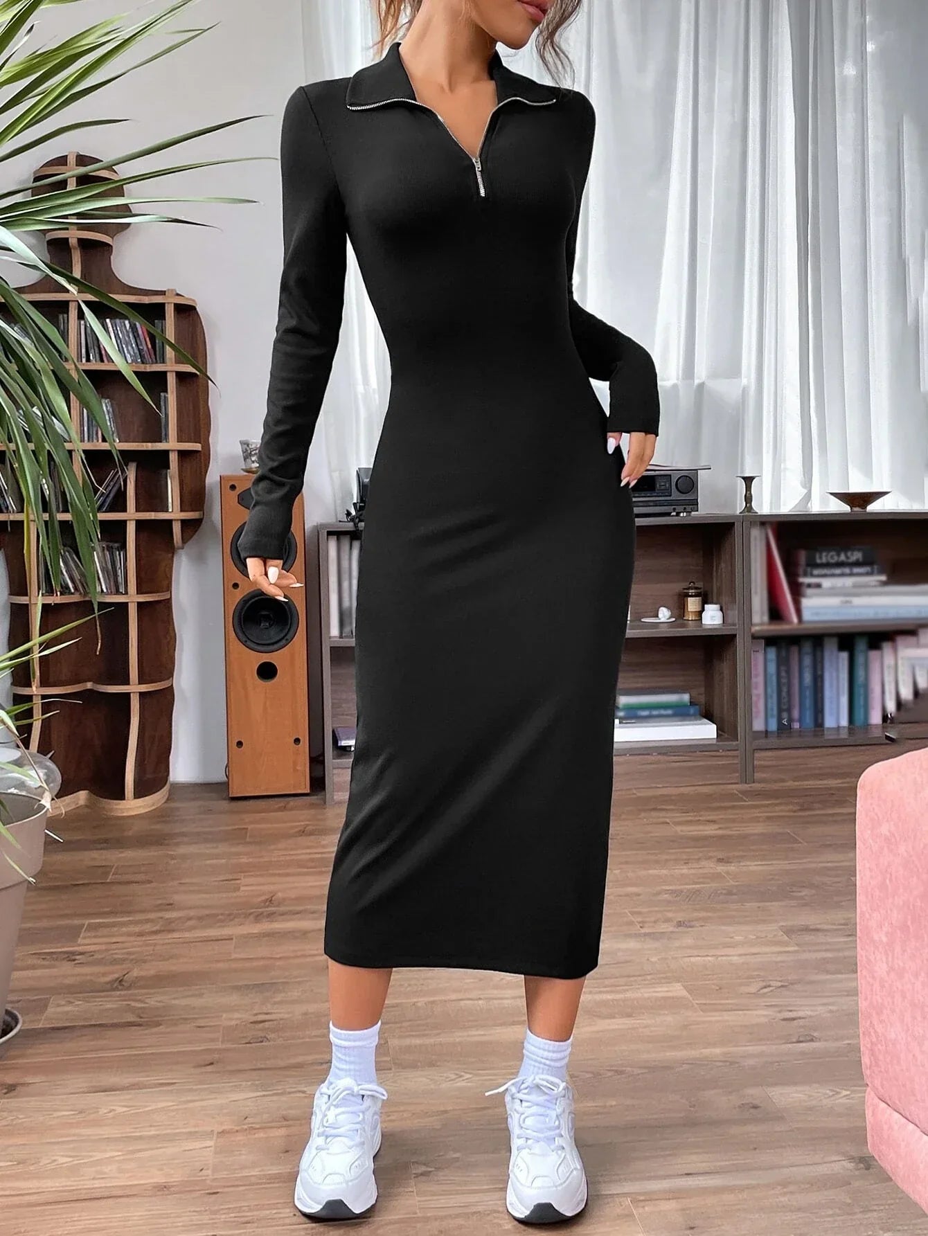 Buy SHEIN EZwear Quarter Zip Ribbed Knit Bodycon Dress in Pakistan
