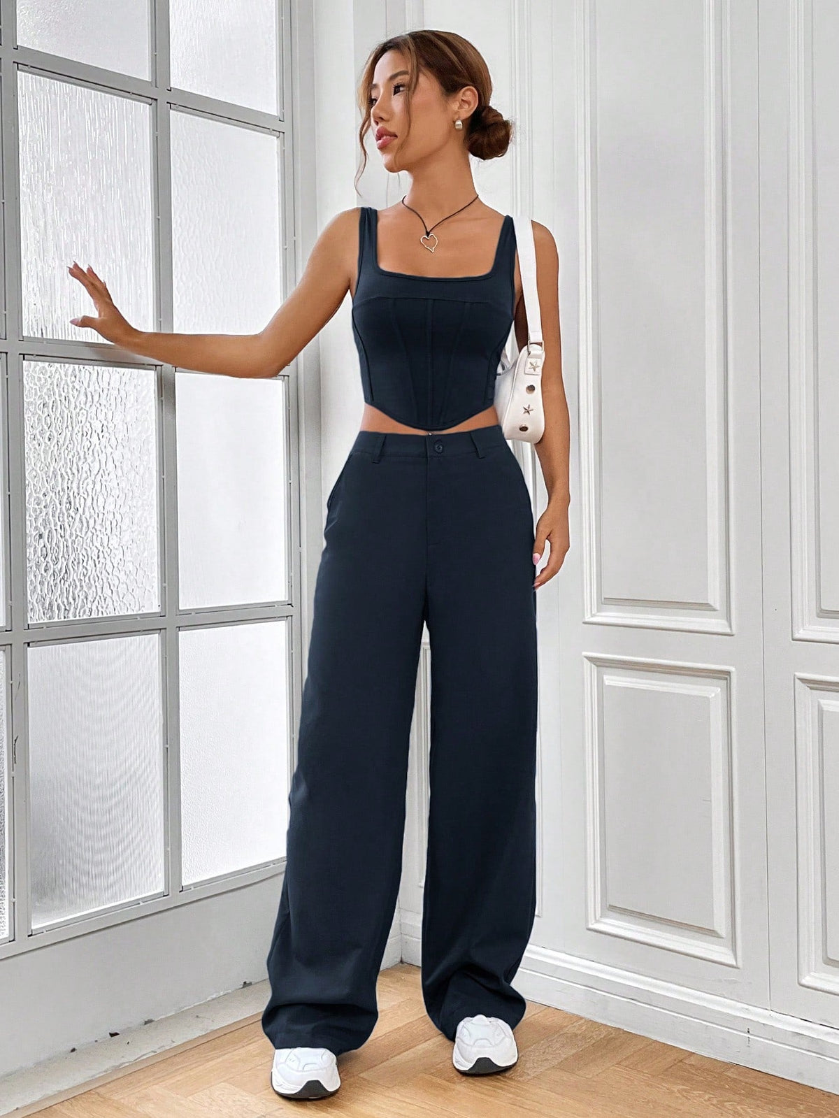 Buy SHEIN EZwear Solid Asymmetrical Hem Tank Top & Wide Leg Pants in Pakistan