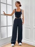 Buy SHEIN EZwear Solid Asymmetrical Hem Tank Top & Wide Leg Pants in Pakistan