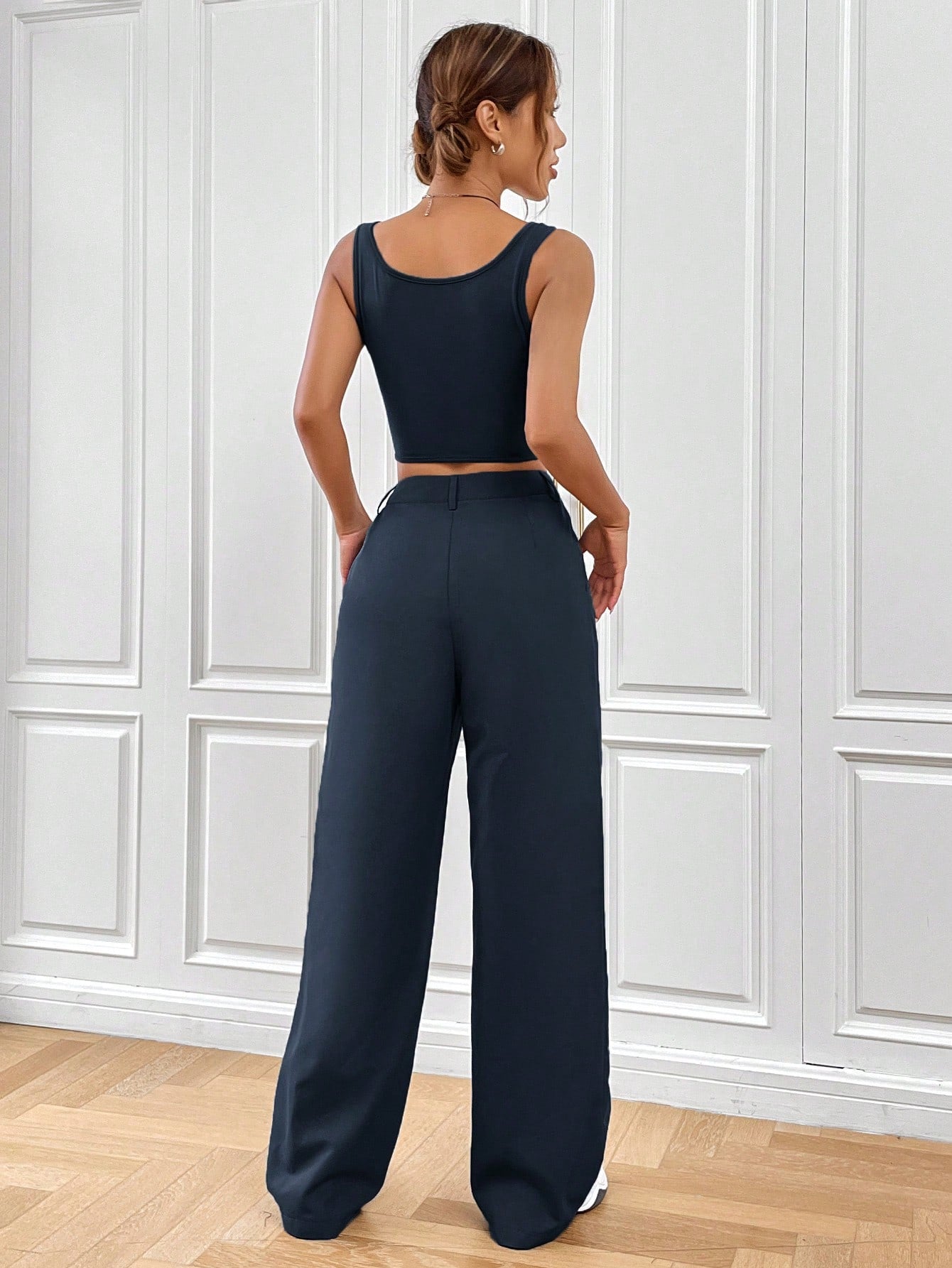 Buy SHEIN EZwear Solid Asymmetrical Hem Tank Top & Wide Leg Pants in Pakistan