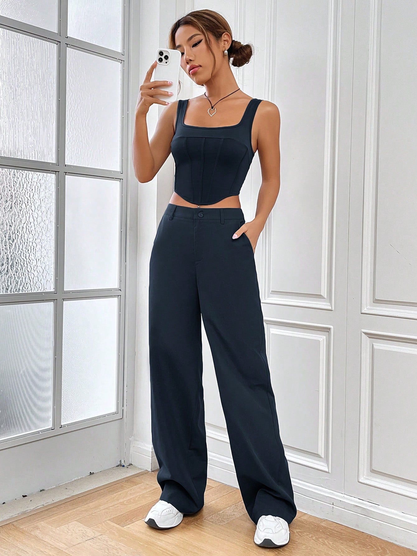 Buy SHEIN EZwear Solid Asymmetrical Hem Tank Top & Wide Leg Pants in Pakistan