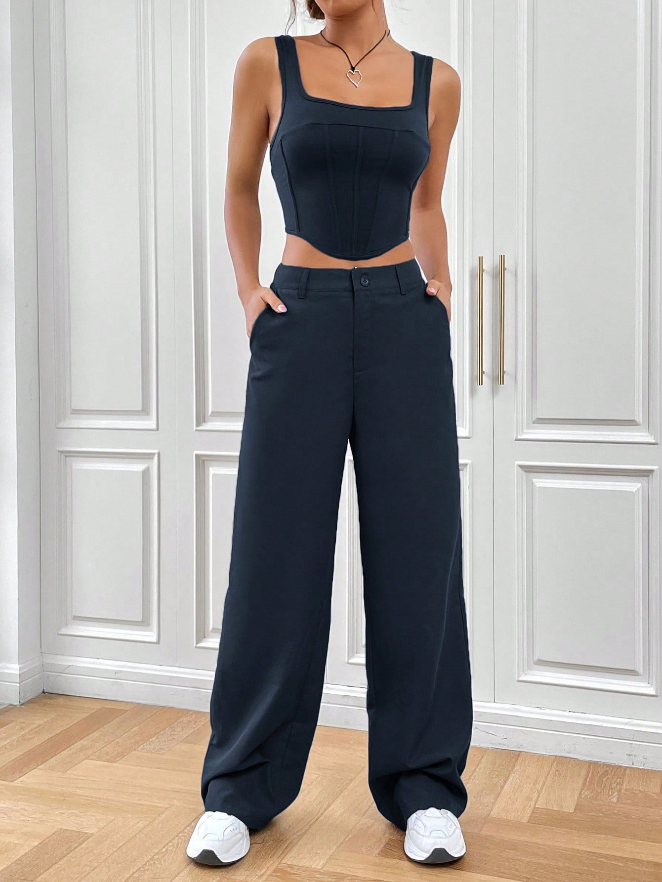 Buy SHEIN EZwear Solid Asymmetrical Hem Tank Top & Wide Leg Pants in Pakistan