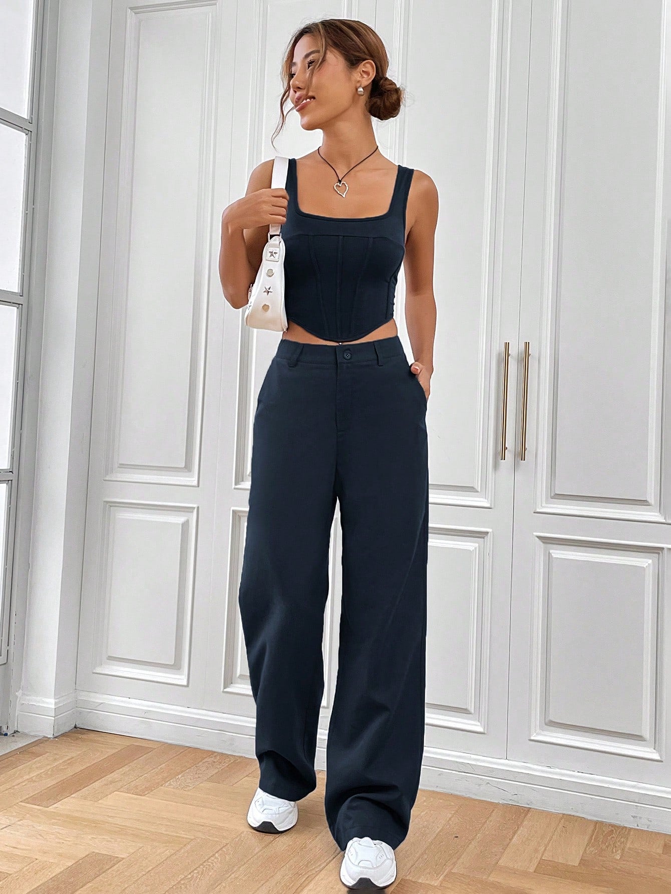 Buy SHEIN EZwear Solid Asymmetrical Hem Tank Top & Wide Leg Pants in Pakistan