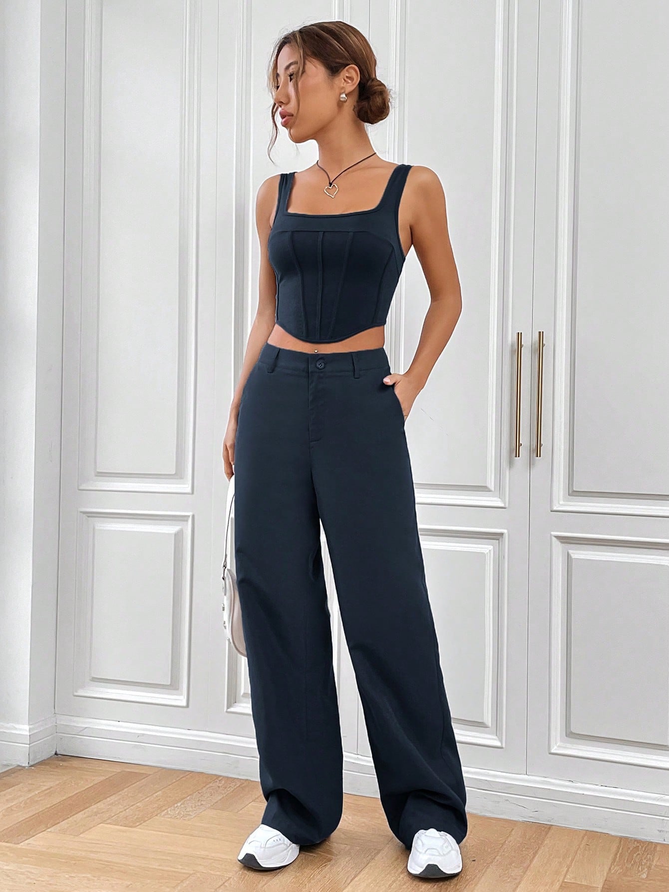 Buy SHEIN EZwear Solid Asymmetrical Hem Tank Top & Wide Leg Pants in Pakistan