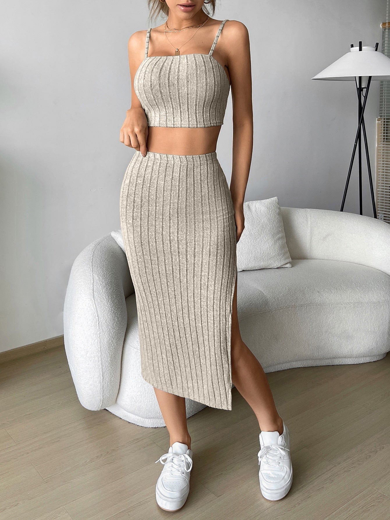 Buy SHEIN EZwear Solid Cami Top & Split Thigh Skirt in Pakistan