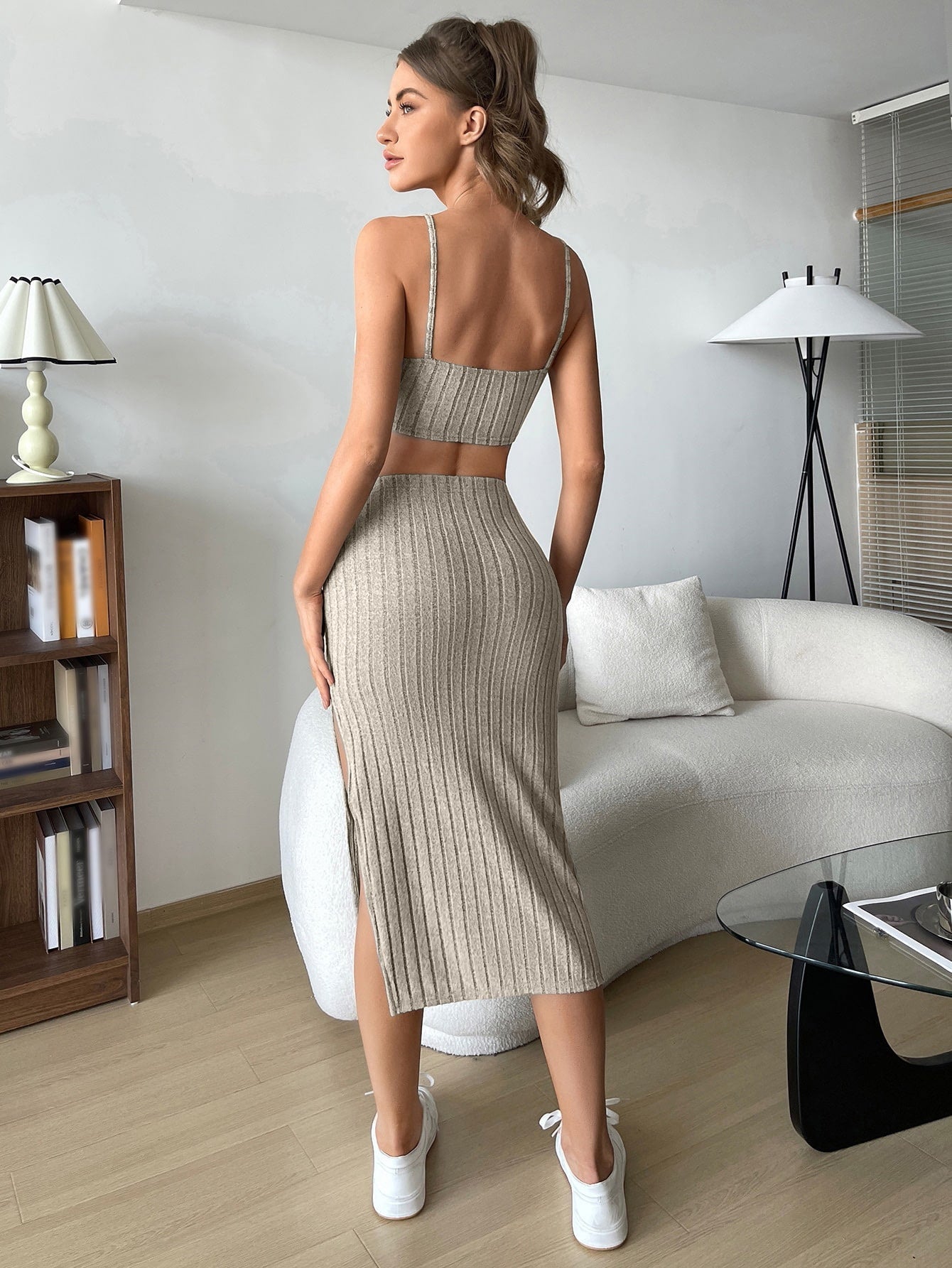 Buy SHEIN EZwear Solid Cami Top & Split Thigh Skirt in Pakistan