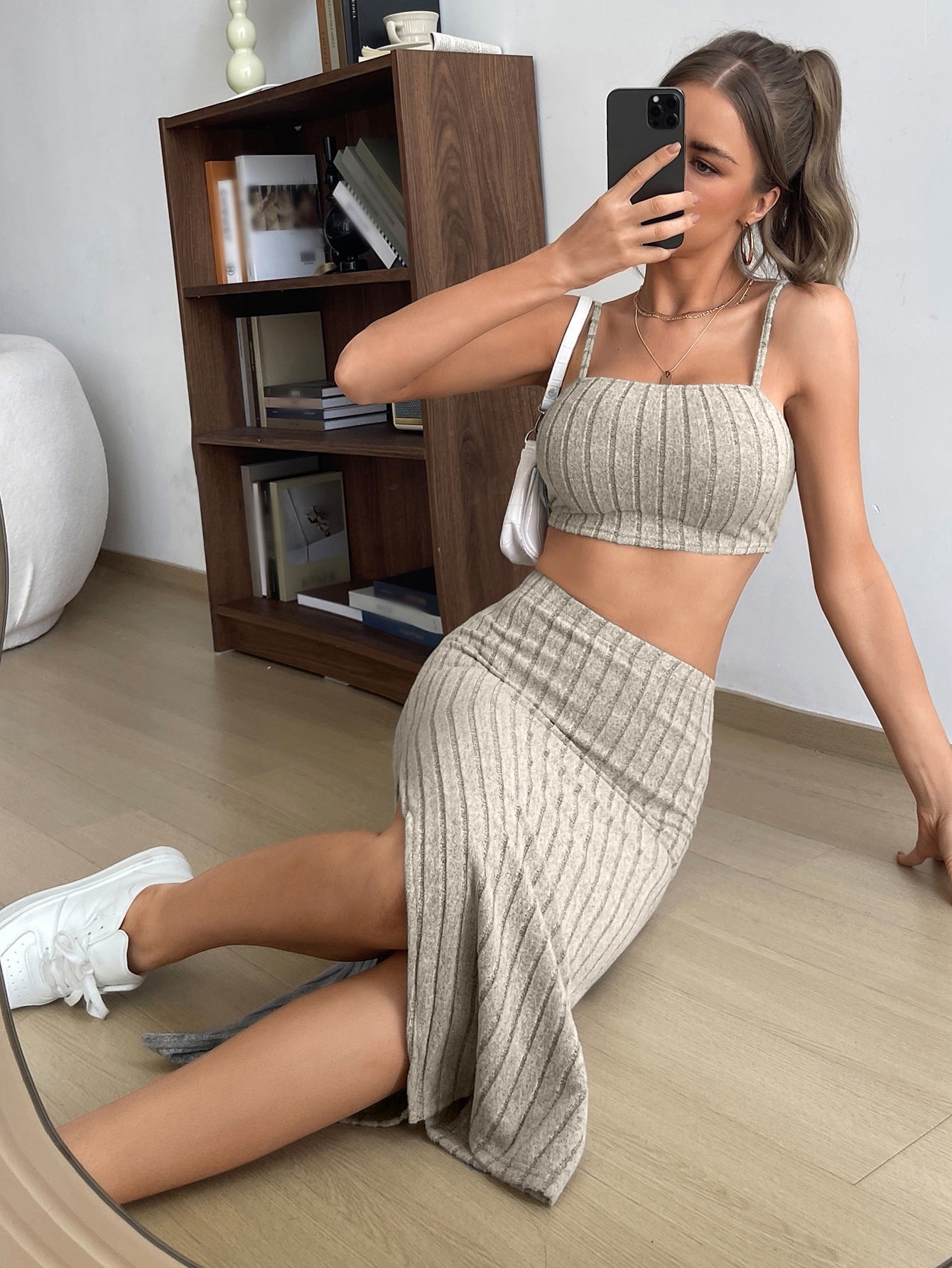 Buy SHEIN EZwear Solid Cami Top & Split Thigh Skirt in Pakistan