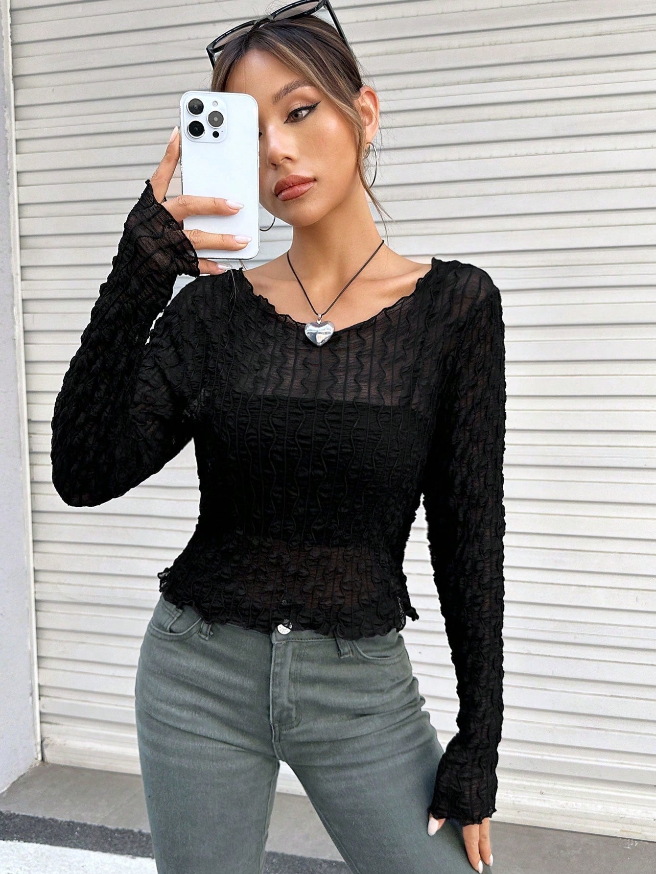 Buy SHEIN EZwear Solid Lettuce Trim Mesh Top Without Cami Top in Pakistan