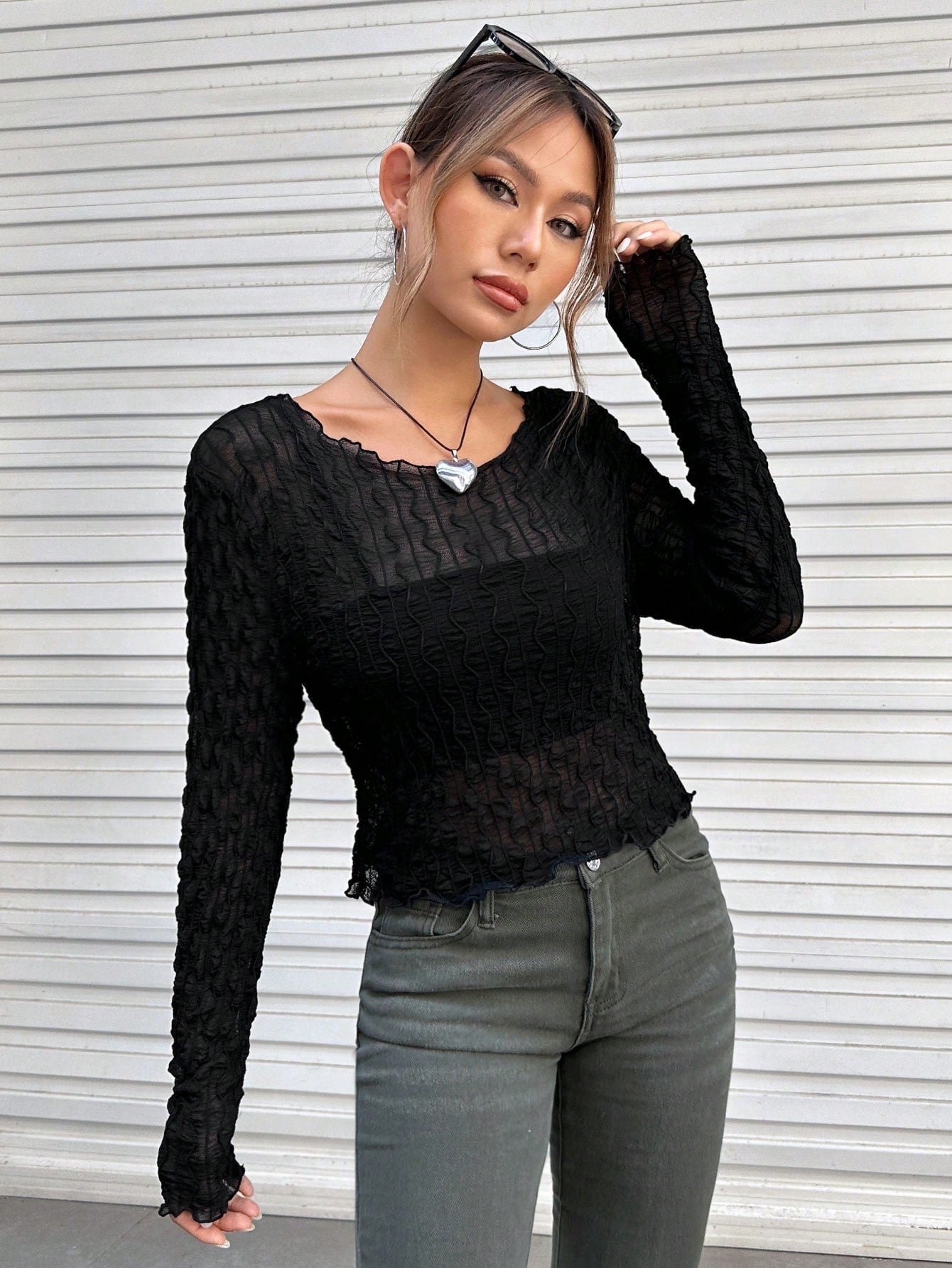 Buy SHEIN EZwear Solid Lettuce Trim Mesh Top Without Cami Top in Pakistan