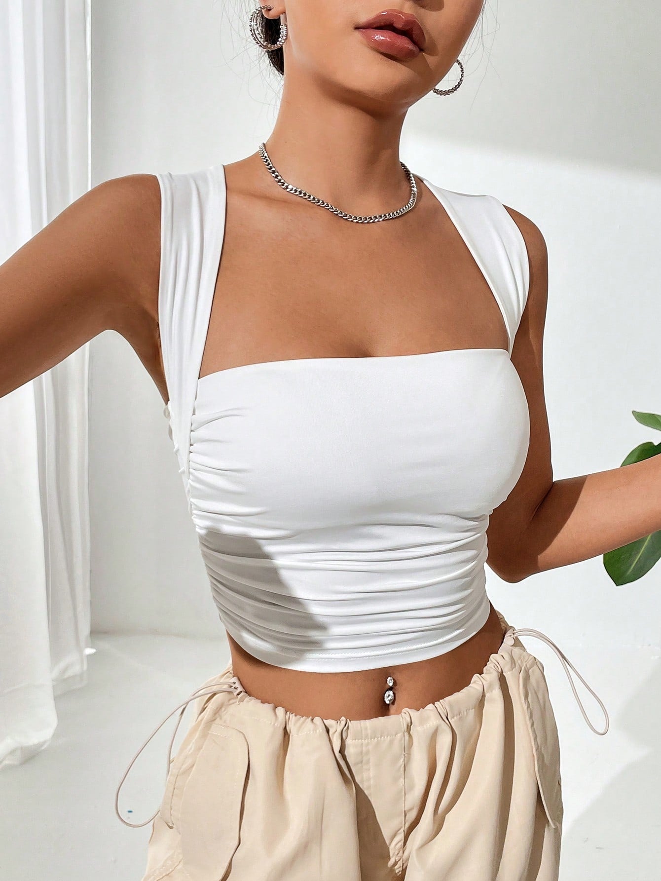 Buy SHEIN EZwear Solid Ruched Crop Tank Top in Pakistan