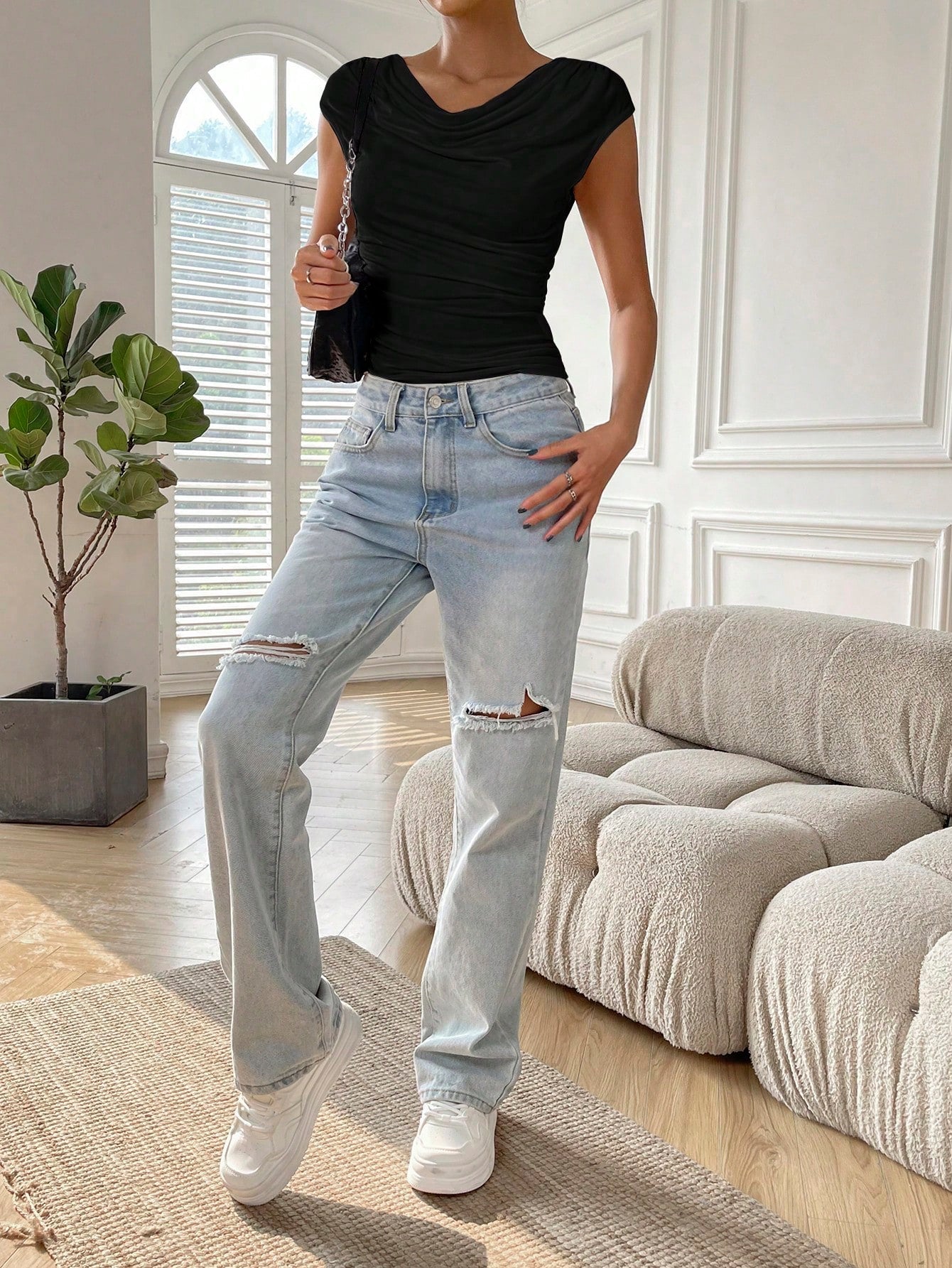 Buy SHEIN EZwear Solid Ruched Side Cowl Neck Tee in Pakistan