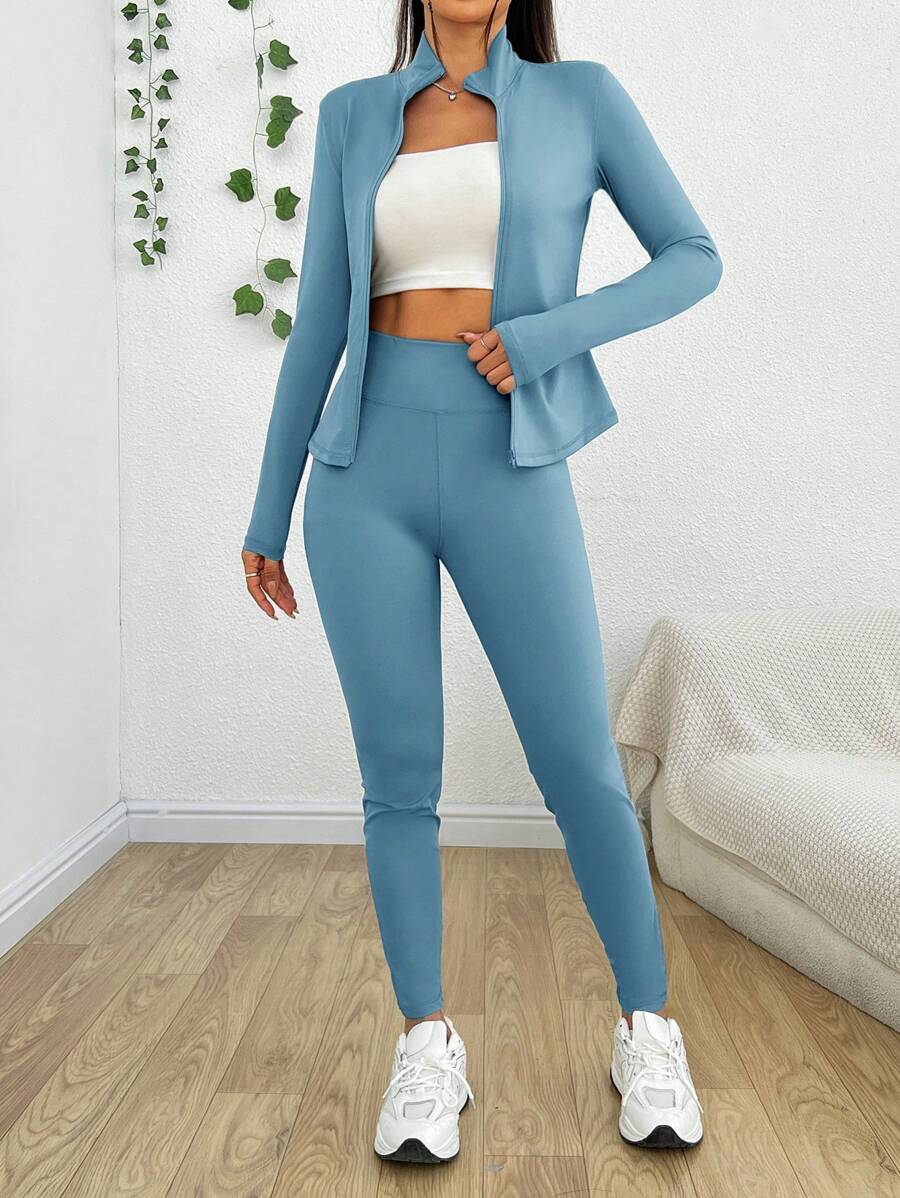 Buy SHEIN EZwear Sportswear Zip Up Jacket & Leggings ,2 Piece Set Blue in Pakistan
