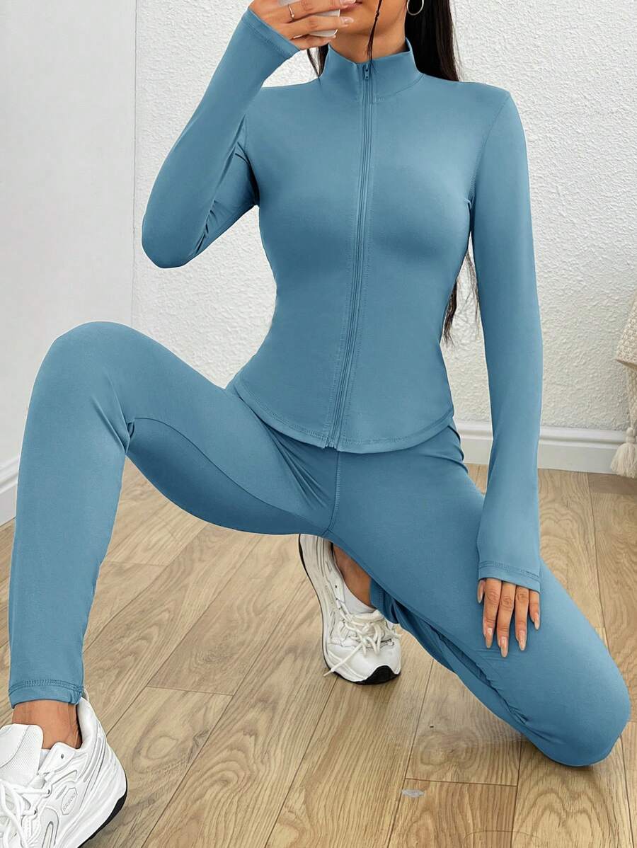 Buy SHEIN EZwear Sportswear Zip Up Jacket & Leggings ,2 Piece Set Blue in Pakistan