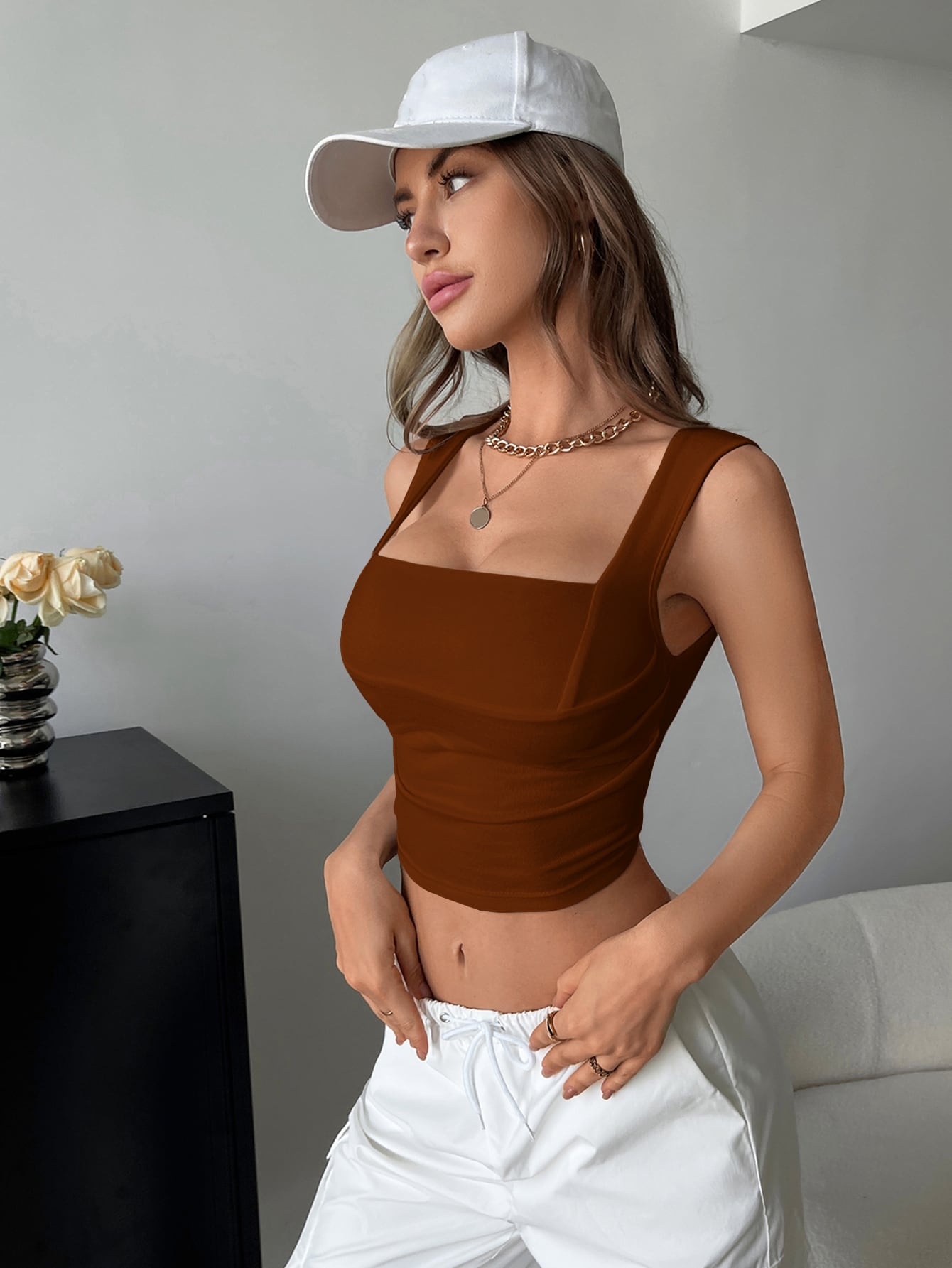 Buy SHEIN EZwear Square Neck Ruched Crop Tank Top in Pakistan