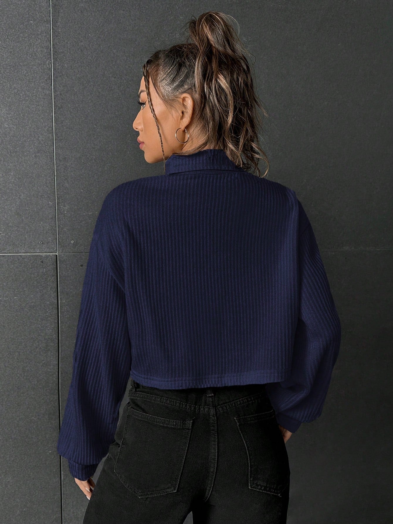 Buy SHEIN EZwear Stand Collar Ribbed Knit Women'S T-Shirt in Pakistan