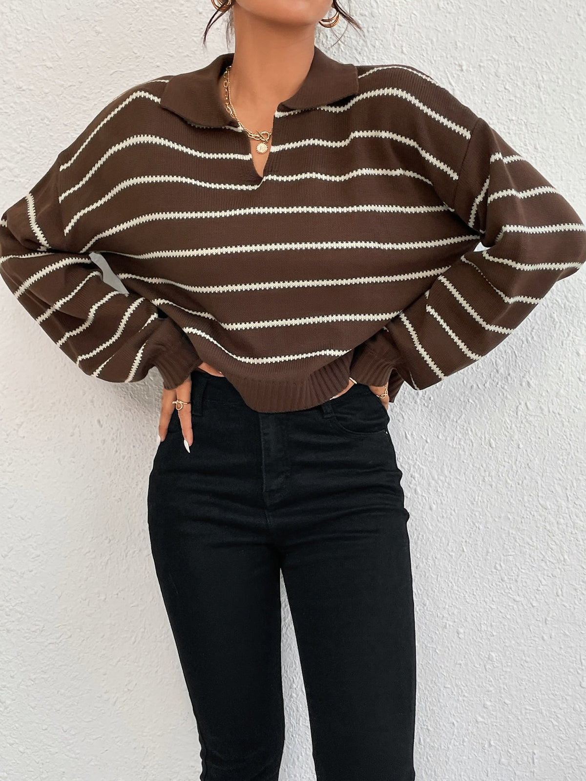 Buy SHEIN EZwear Striped Pattern Drop Shoulder Sweater in Pakistan