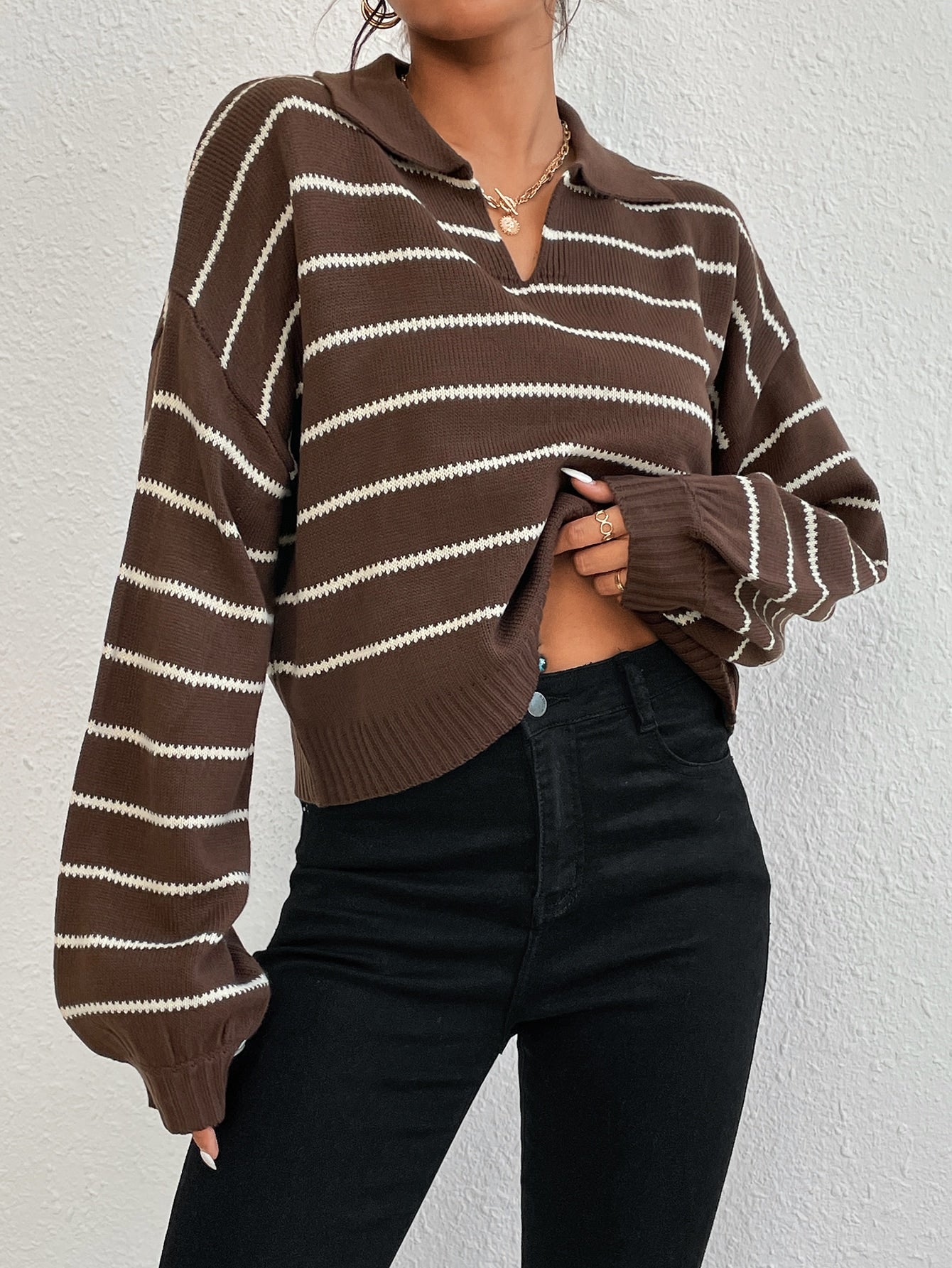 Buy SHEIN EZwear Striped Pattern Drop Shoulder Sweater in Pakistan