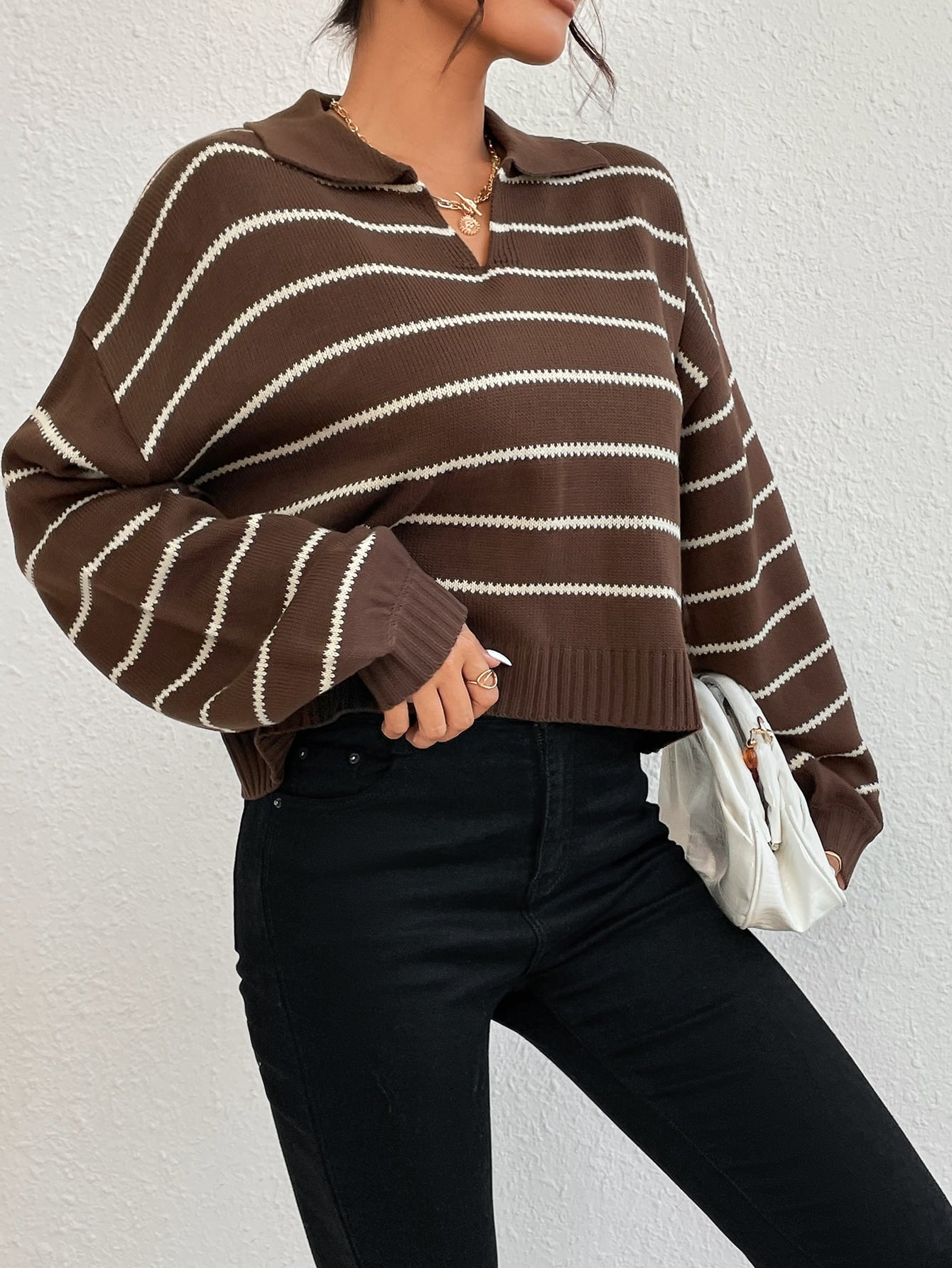 Buy SHEIN EZwear Striped Pattern Drop Shoulder Sweater in Pakistan