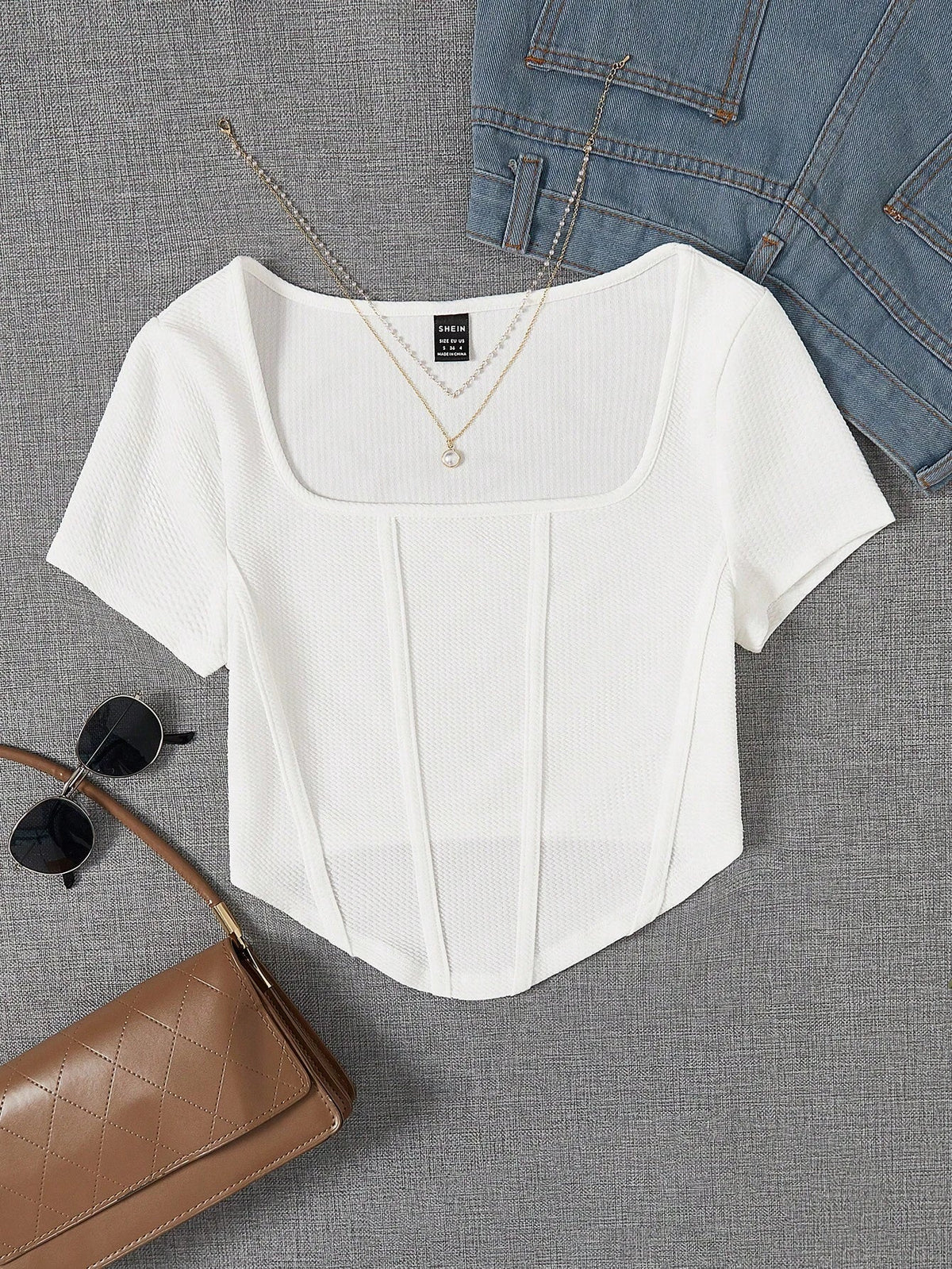 Buy SHEIN EZwear Summer Outfit Square Neck White Seam Front Tee in Pakistan